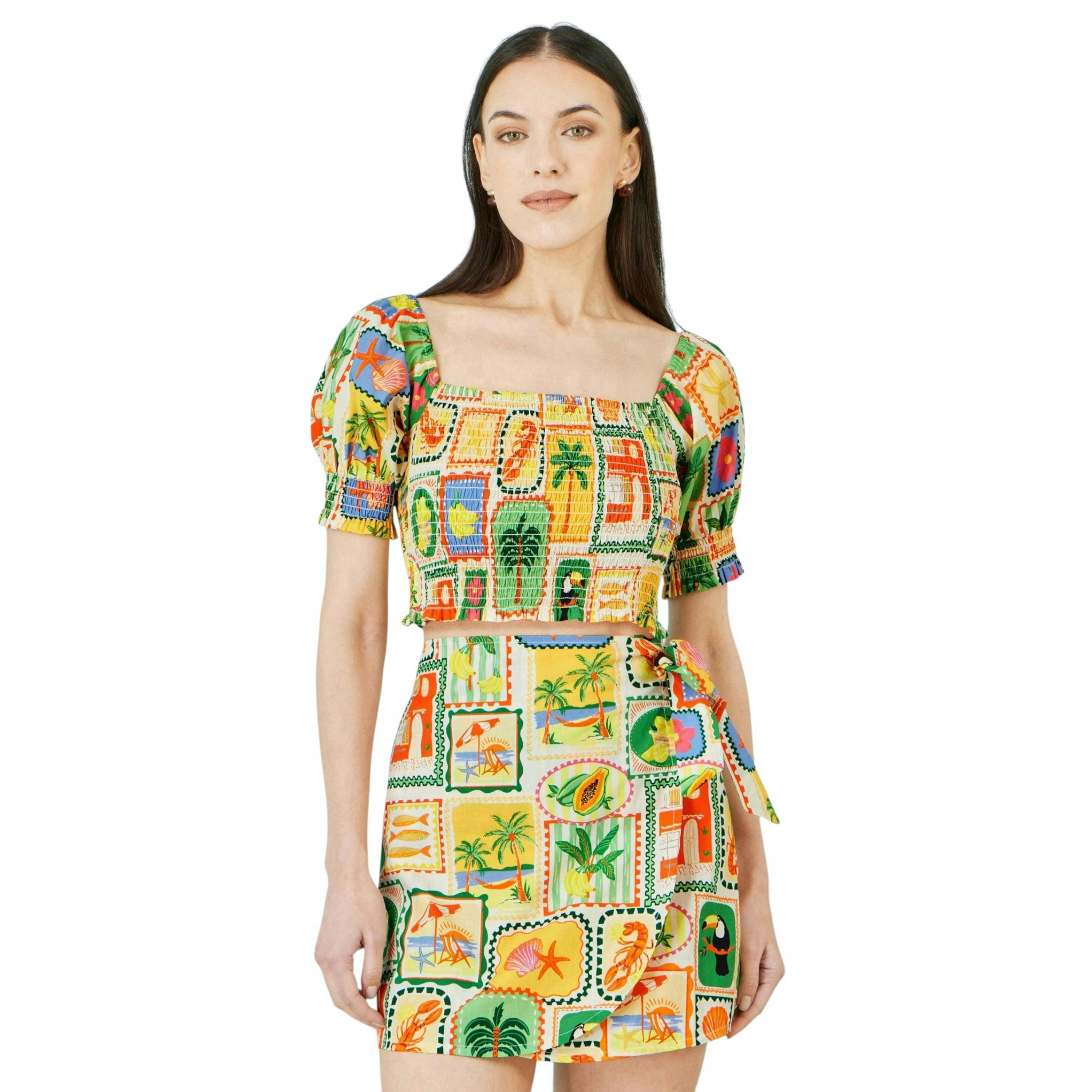 Yumi Multicolour Cropped Shirred Cotton Postcard Print Top , view 2 of 6