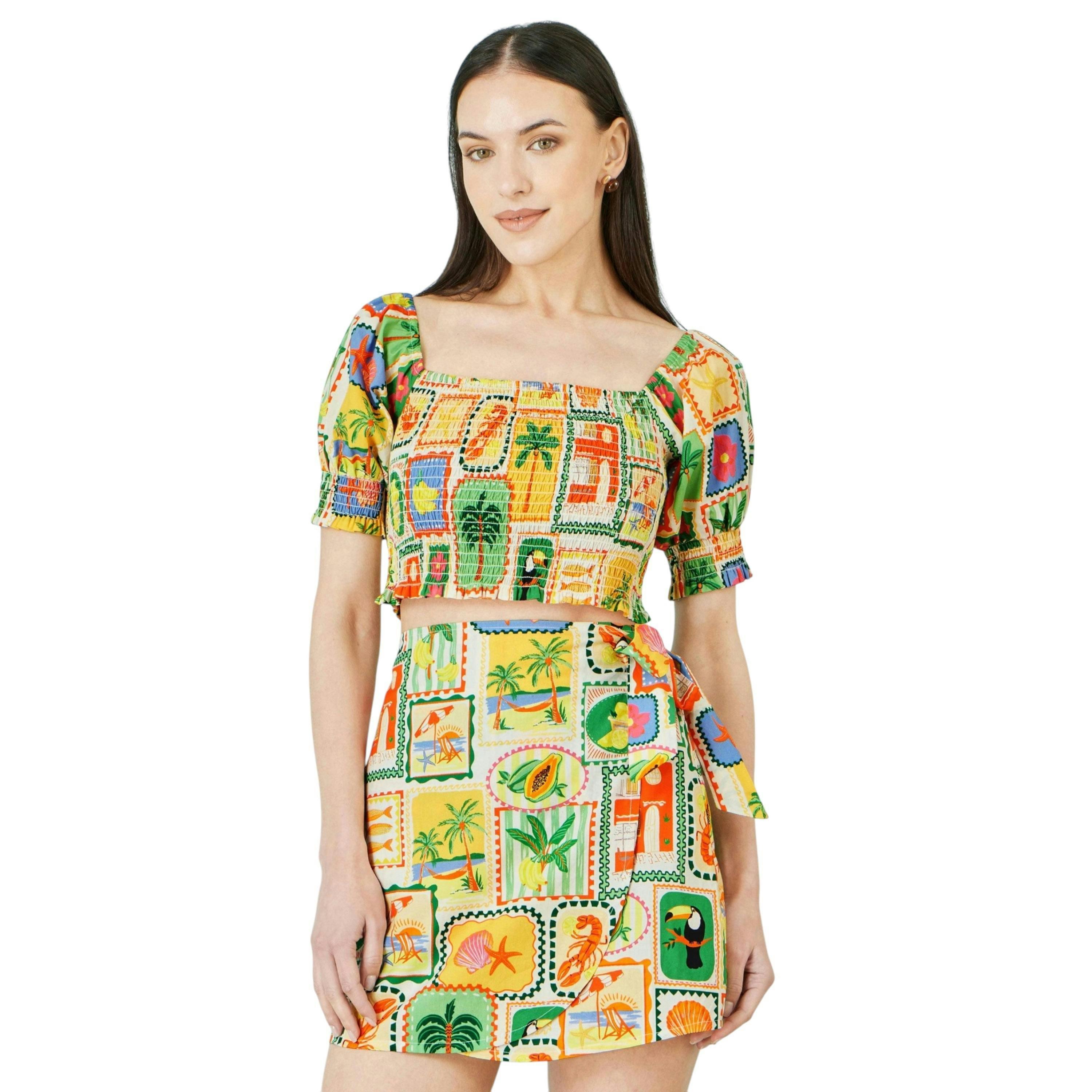 Yumi Multicolour Cropped Shirred Cotton Postcard Print Top , view 5 of 6