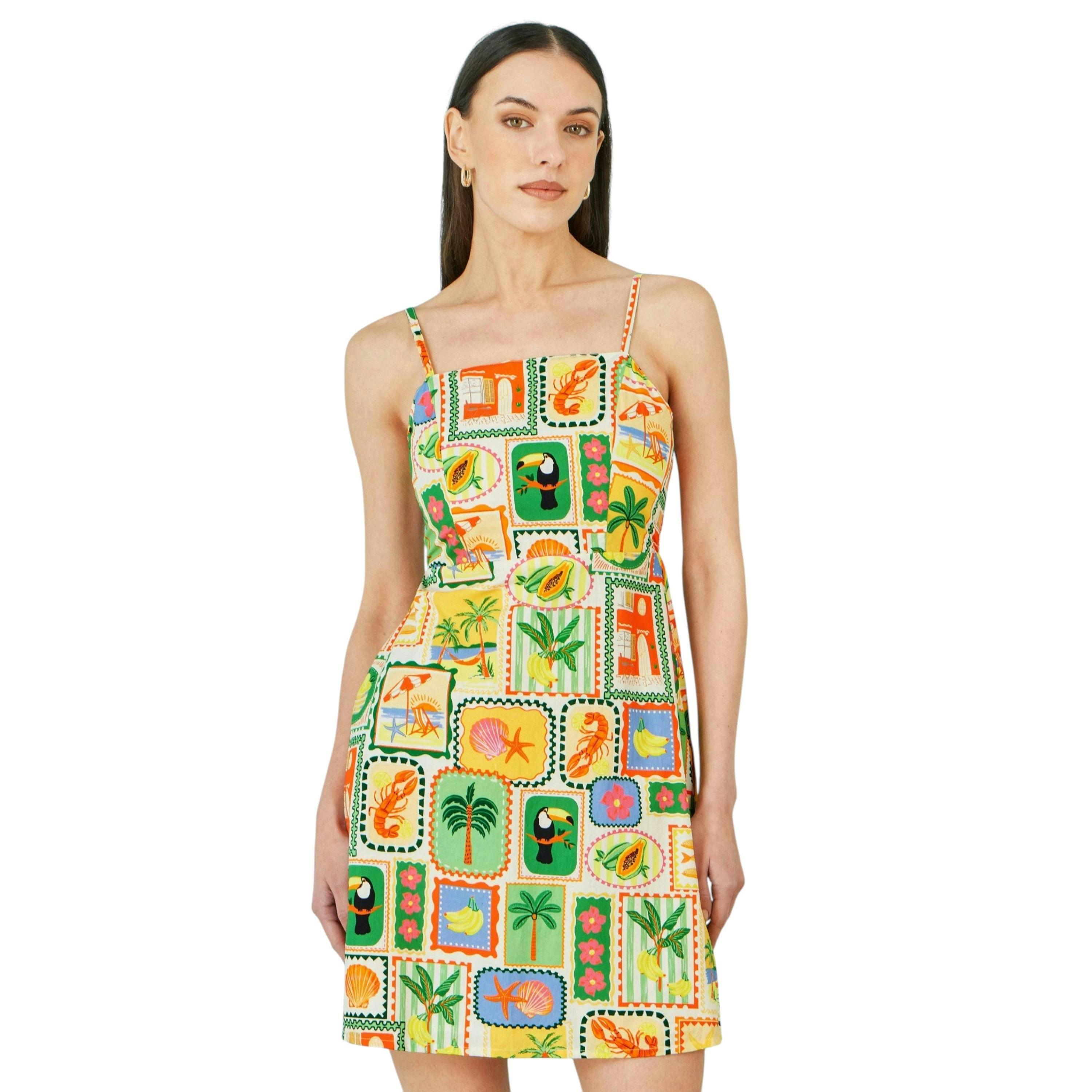 Yumi Multicolour Postcard Print Mini Sun Dress , view 1 of 6