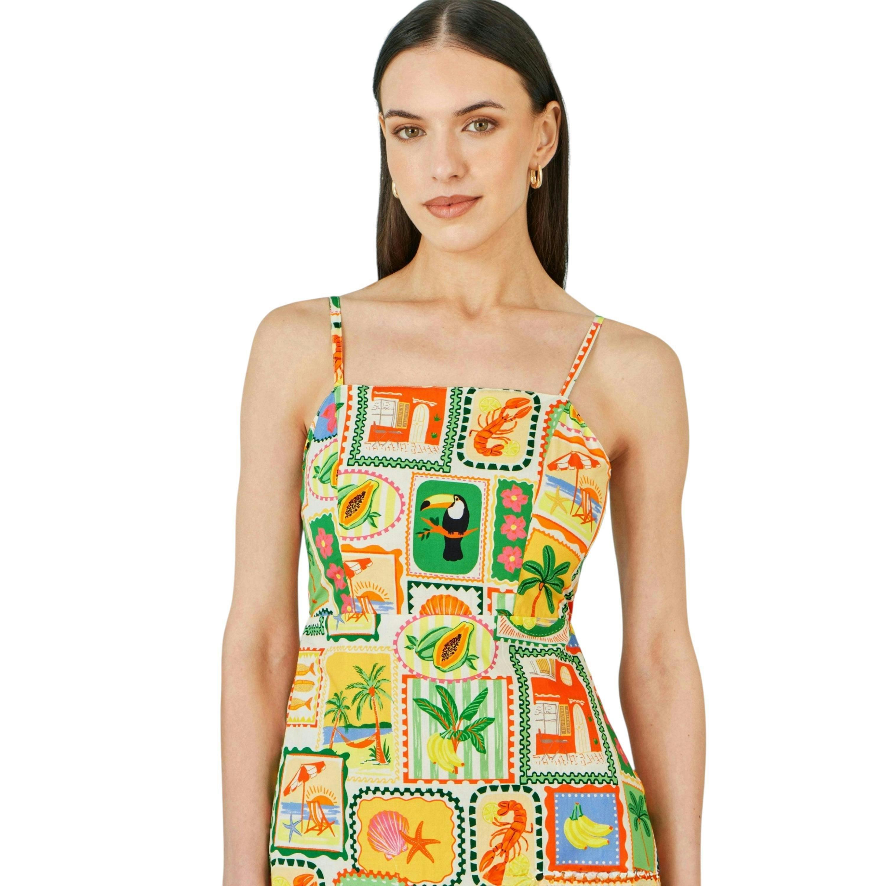 Yumi Multicolour Postcard Print Mini Sun Dress , view 2 of 6