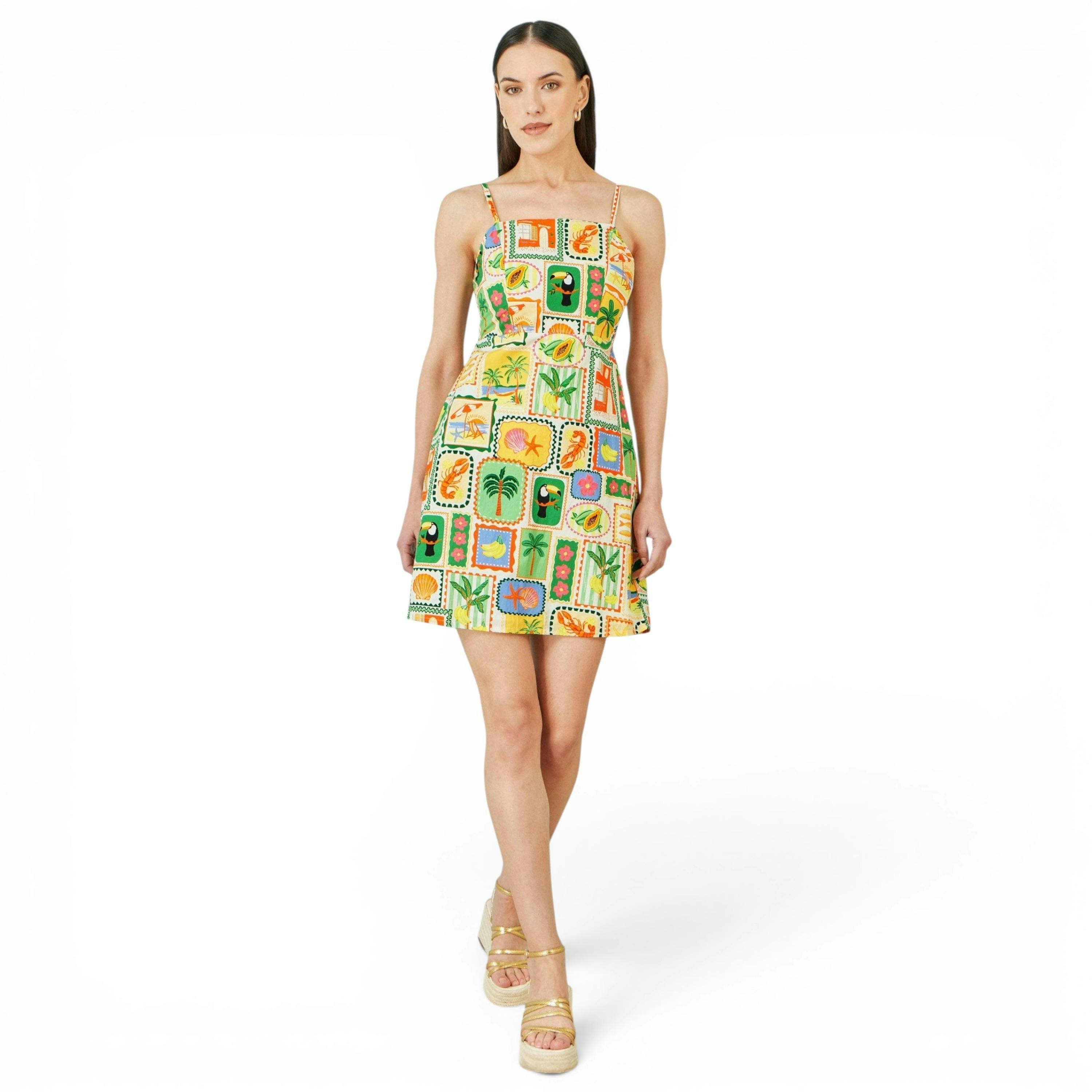 Yumi Multicolour Postcard Print Mini Sun Dress , view 5 of 6