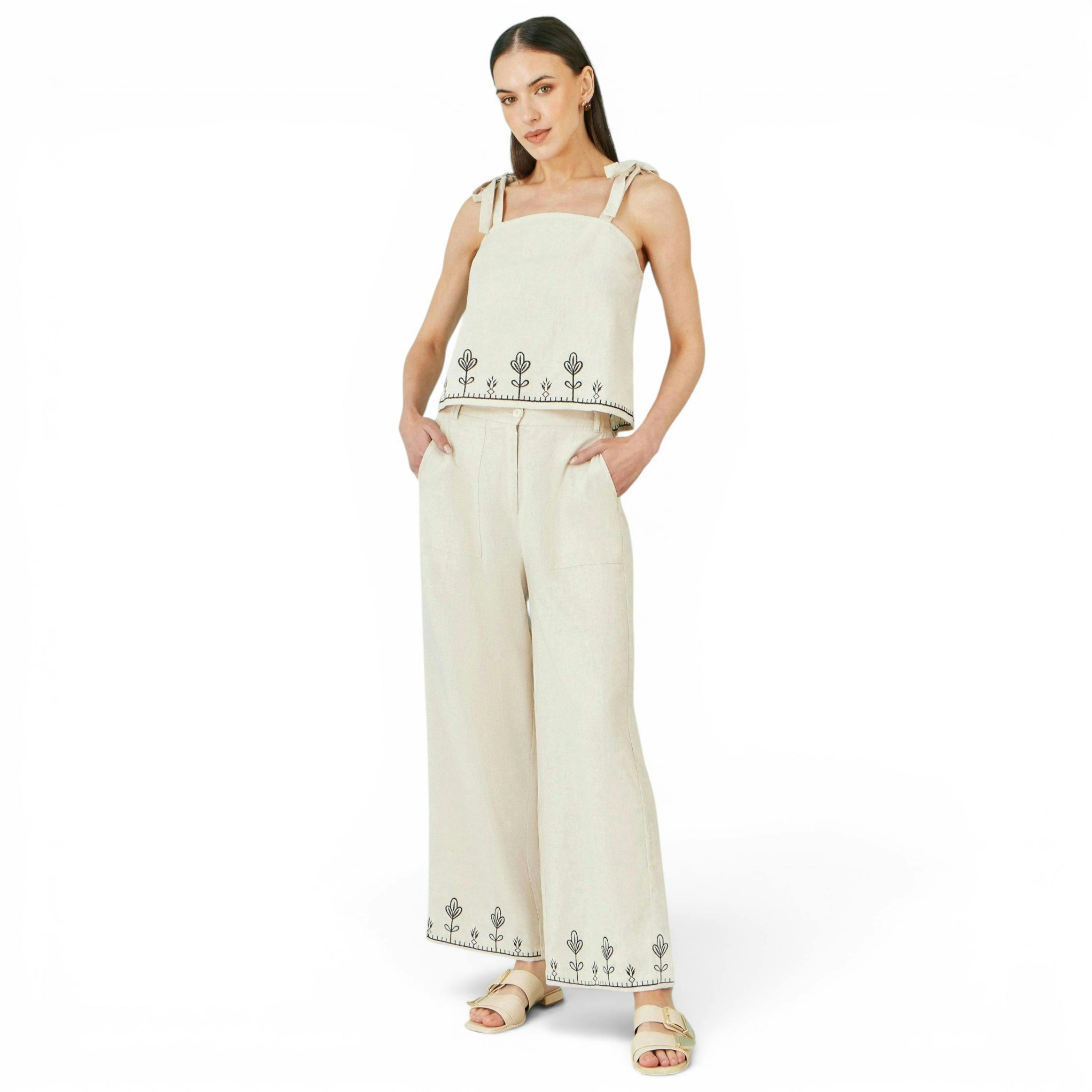 Yumi Ivory Linen Mix Embroirdered Trousers , view 1 of 4