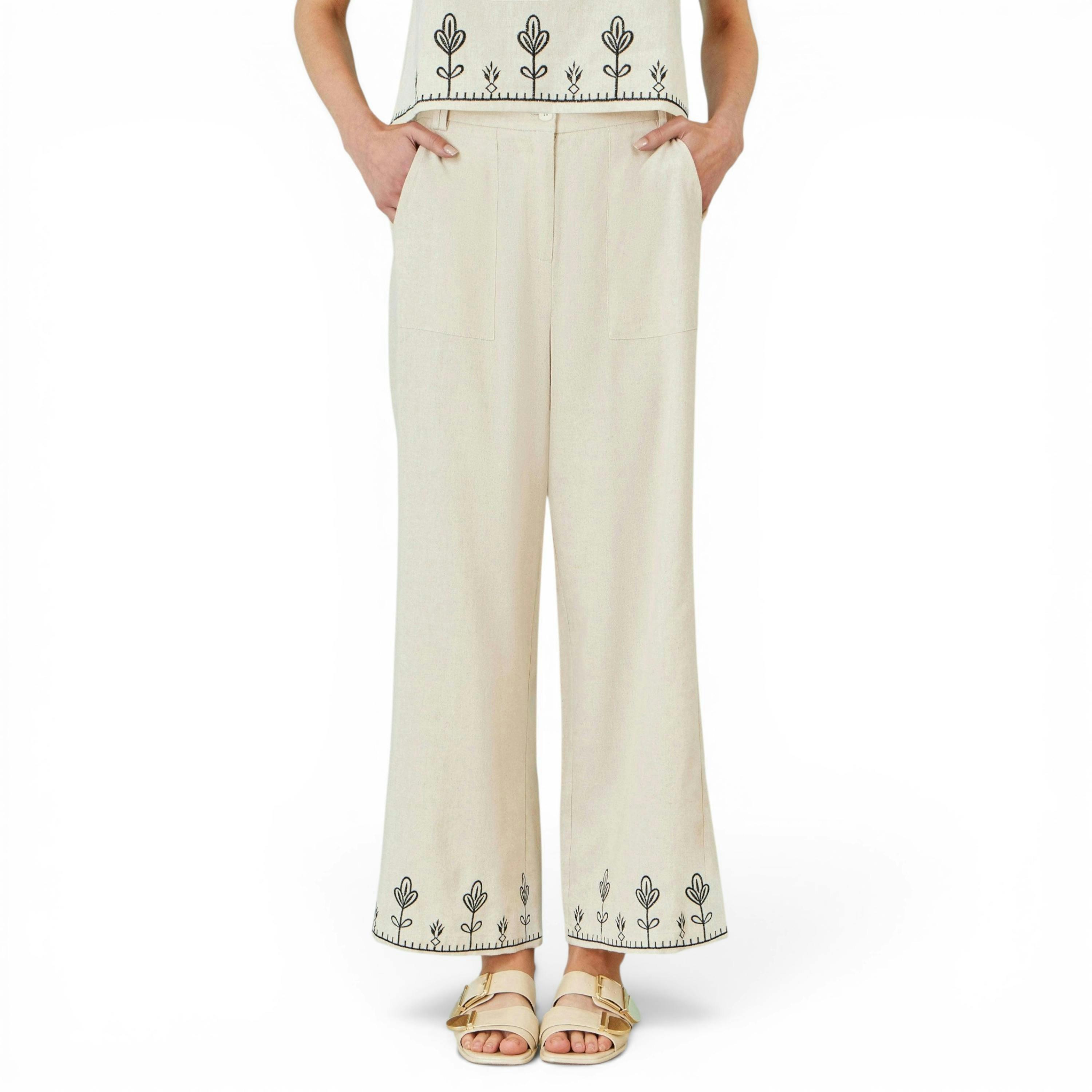 Yumi Ivory Linen Mix Embroirdered Trousers , view 2 of 4