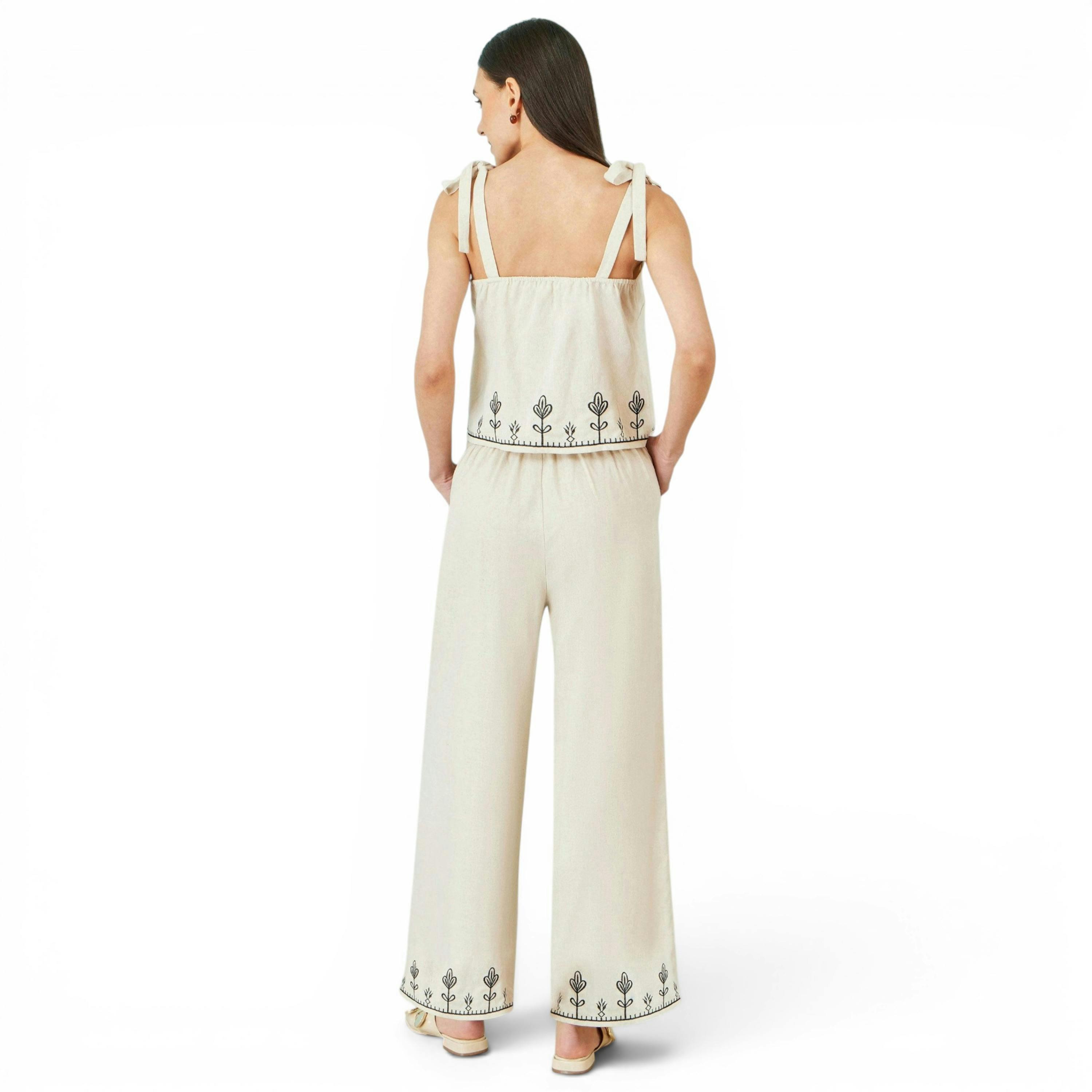 Yumi Ivory Linen Mix Embroirdered Trousers , view 3 of 4