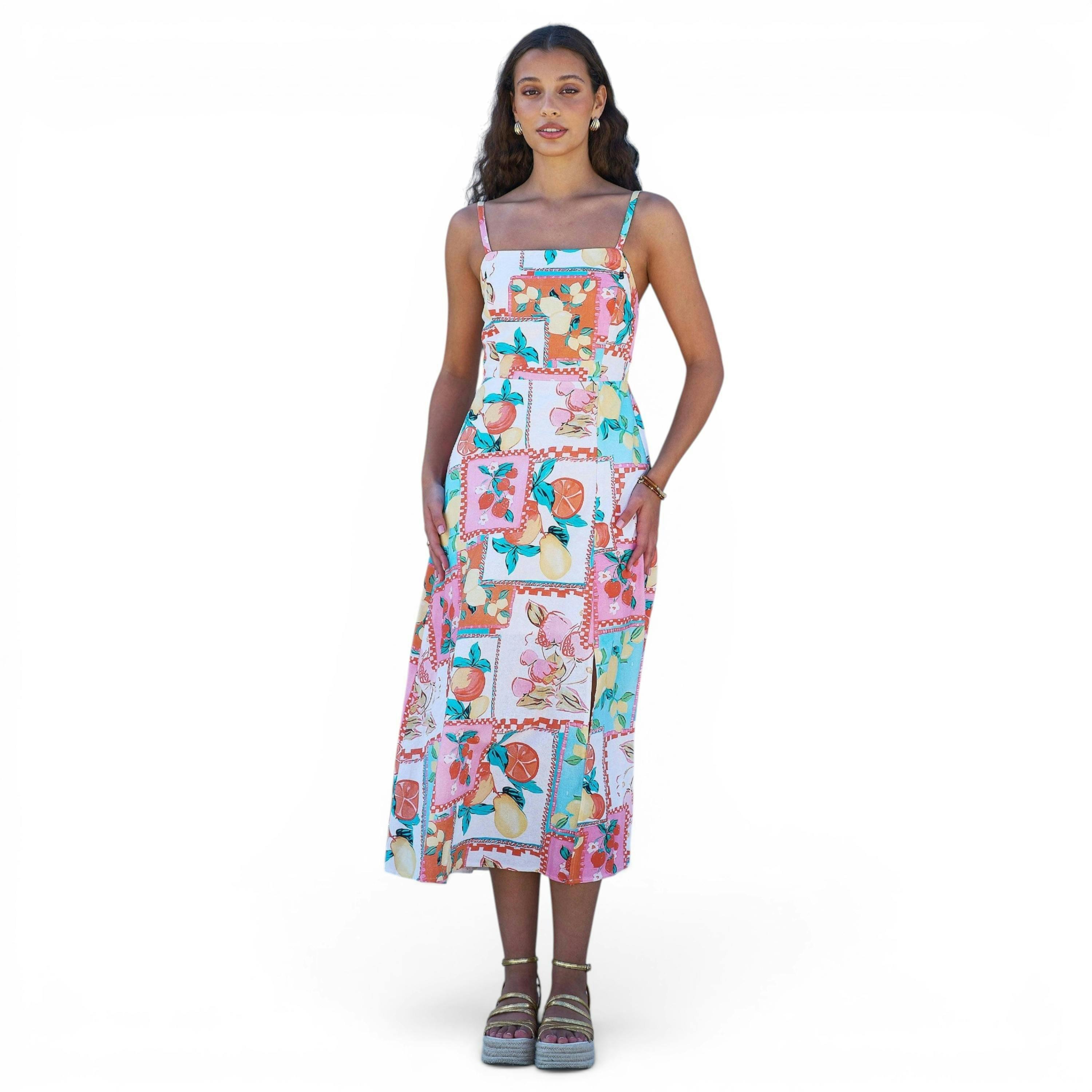 Yumi Multicolour Fruit Print Midi Sun Dress Ruched Back , view 1 of 6