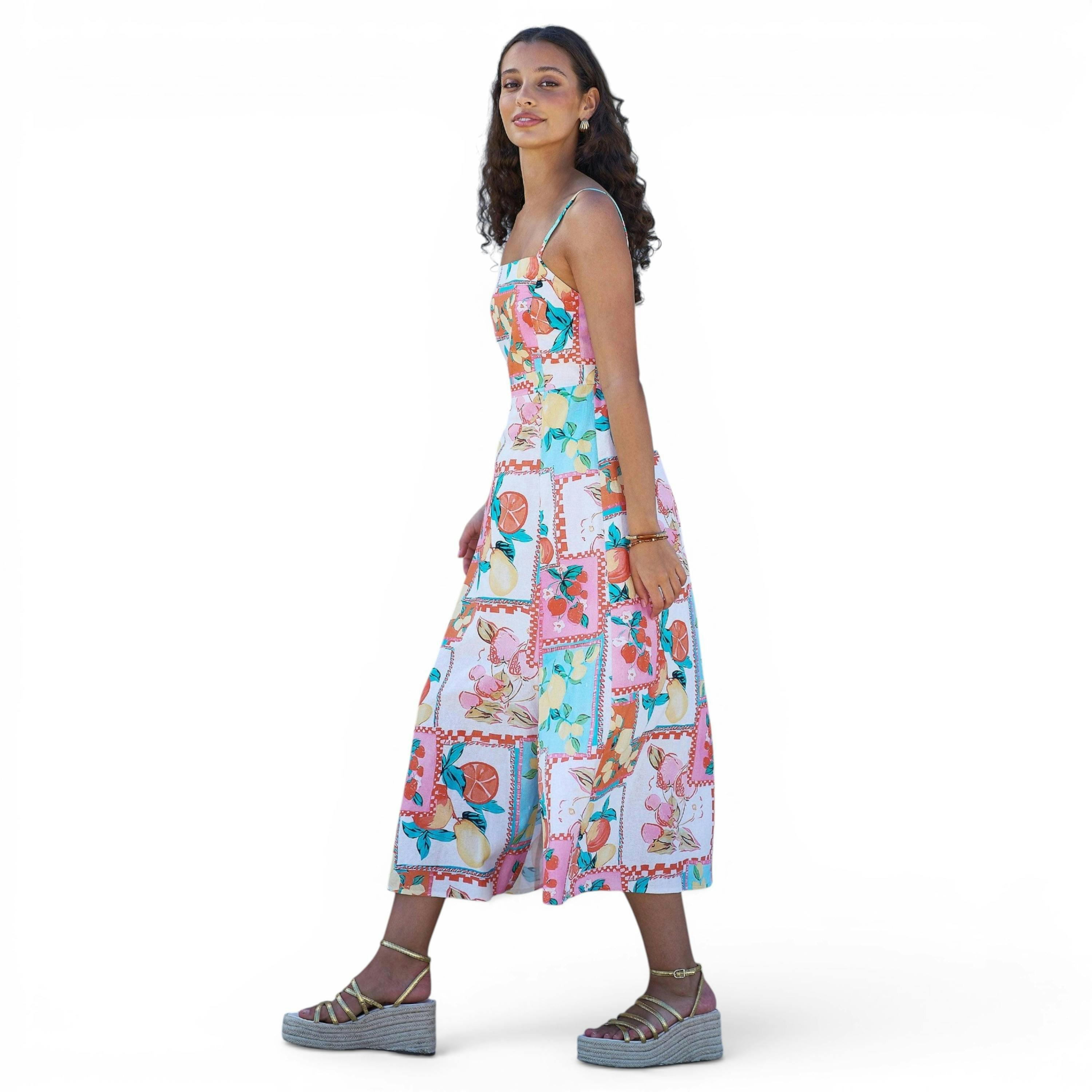 Yumi Multicolour Fruit Print Midi Sun Dress Ruched Back , view 4 of 6