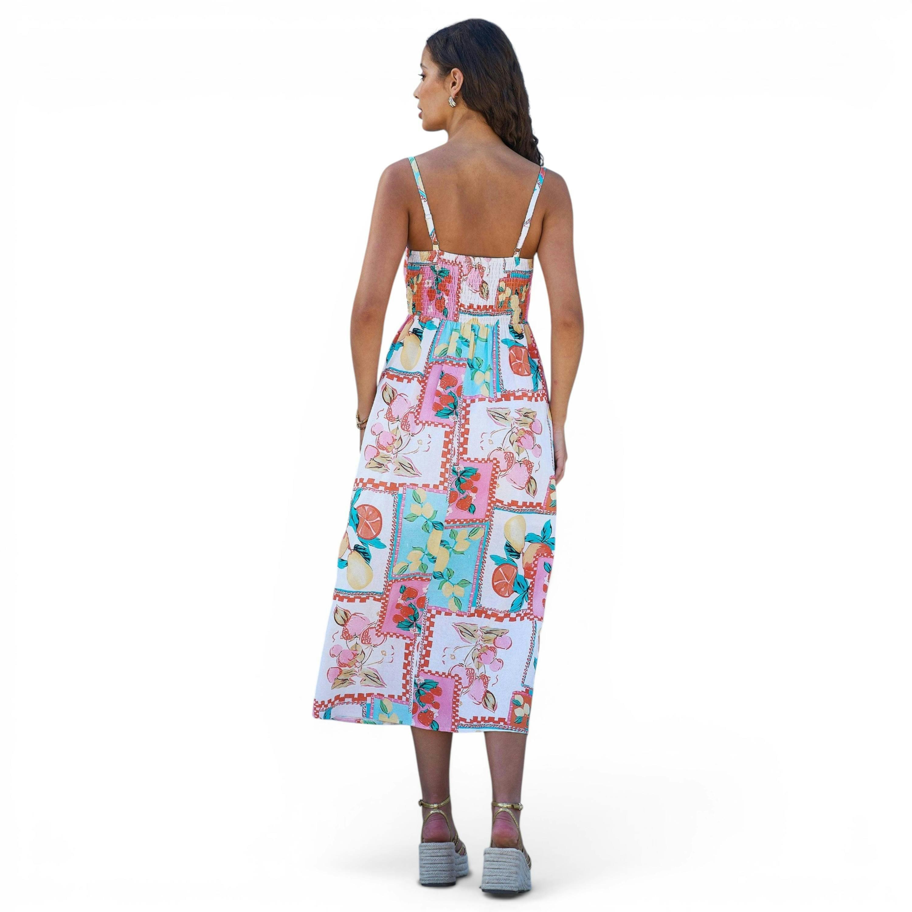 Yumi Multicolour Fruit Print Midi Sun Dress Ruched Back , view 5 of 6