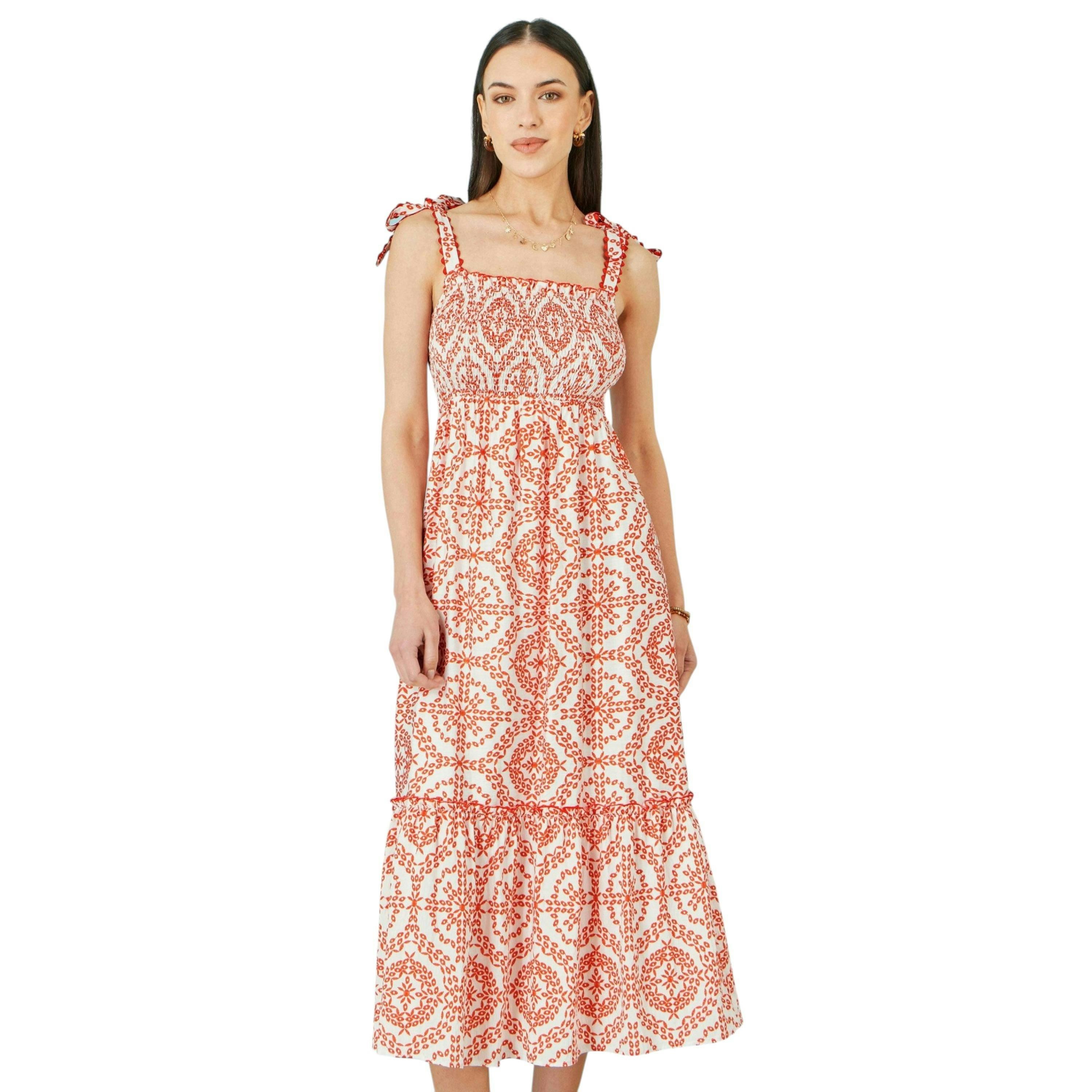 Yumi Red Viscose Ruched Tie Strap Midi Sun Dress , view 1 of 5