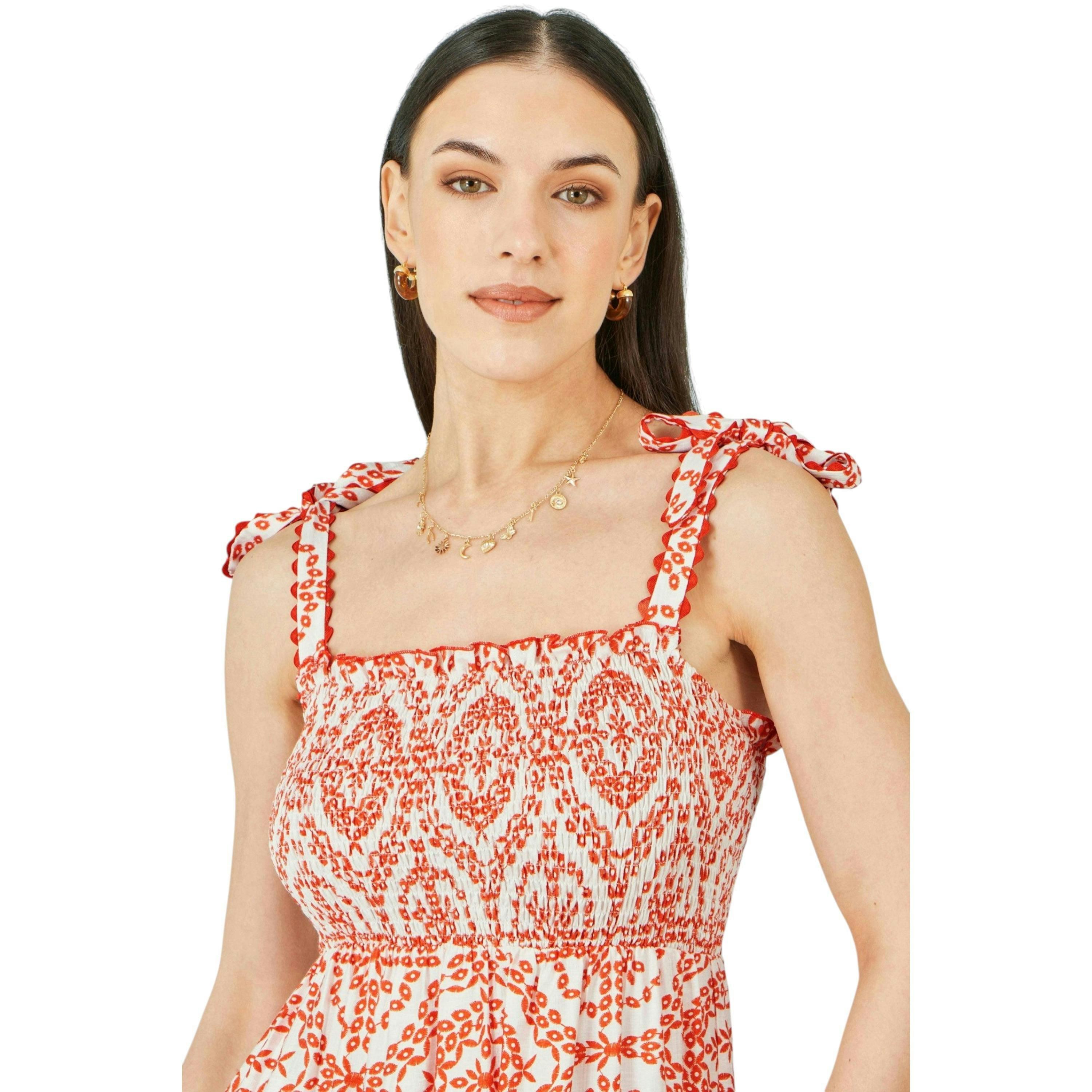 Yumi Red Viscose Ruched Tie Strap Midi Sun Dress , view 2 of 5