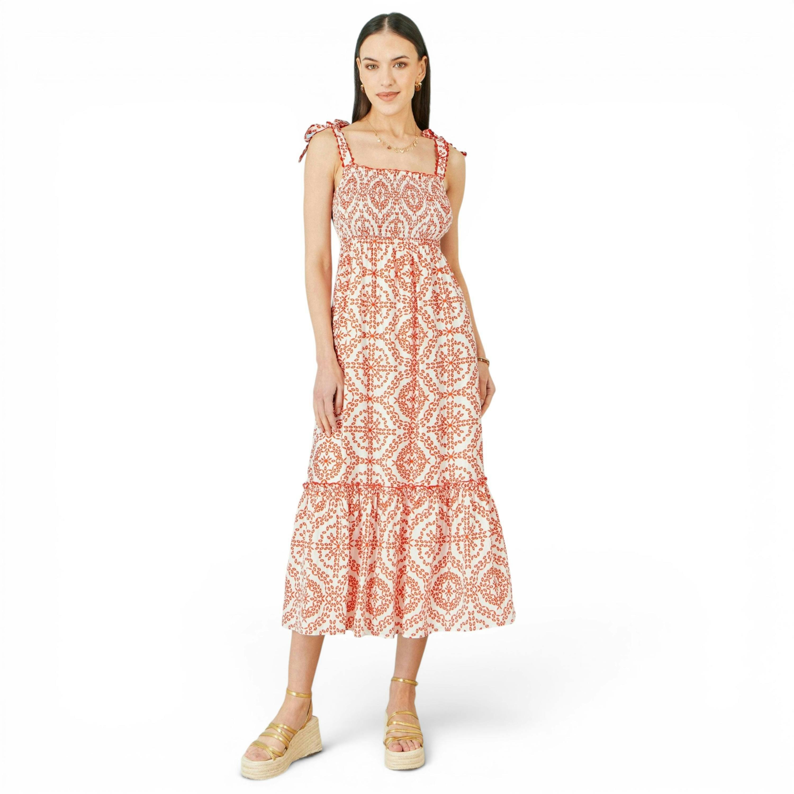Yumi Red Viscose Ruched Tie Strap Midi Sun Dress , view 3 of 5