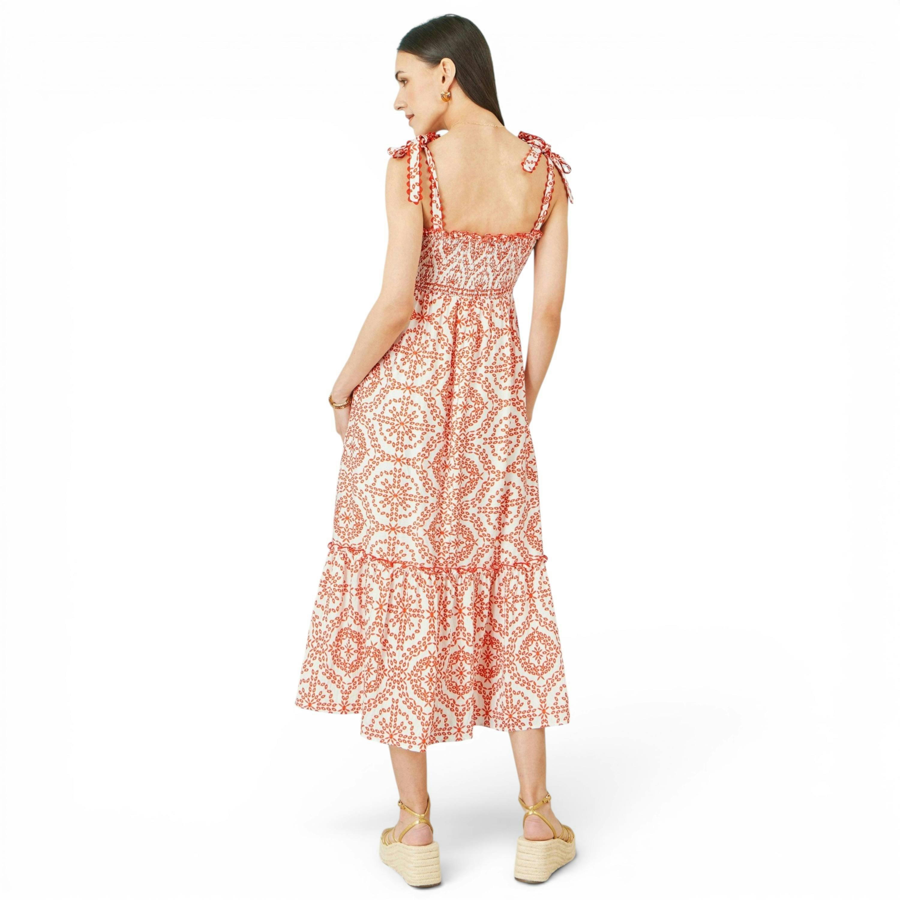 Yumi Red Viscose Ruched Tie Strap Midi Sun Dress , view 4 of 5