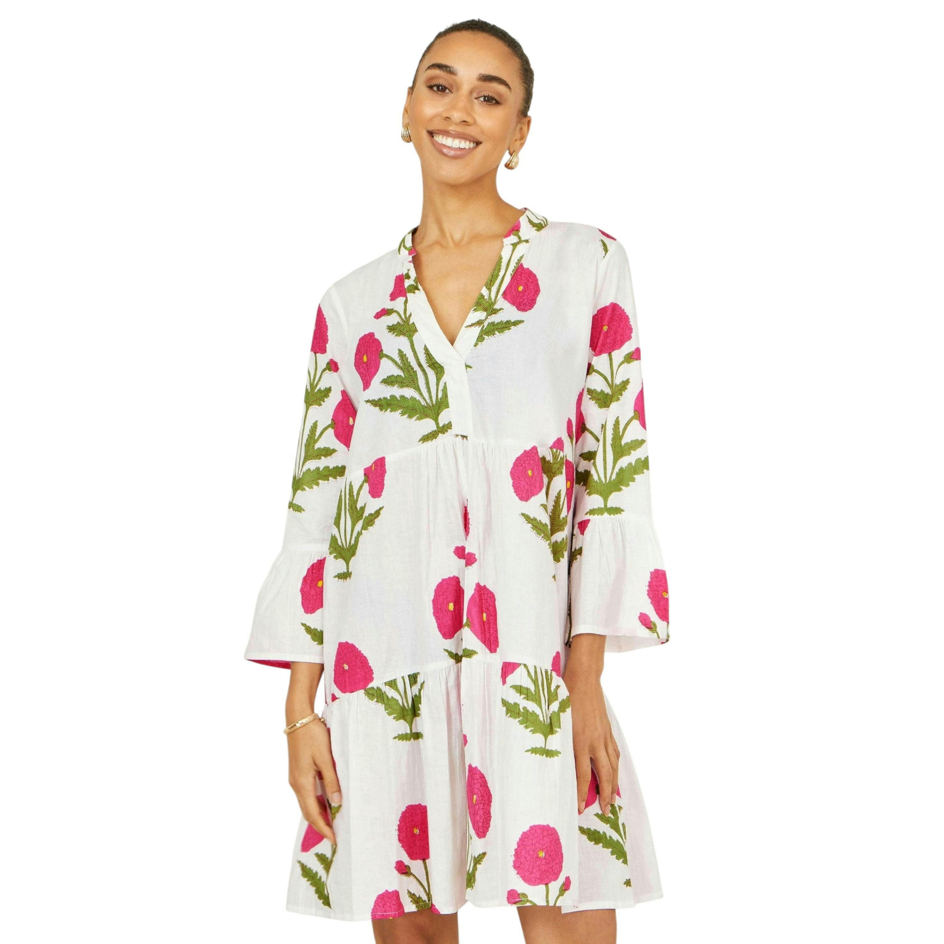 Yumi White Cotton Floral Tunic , view 1 of 5