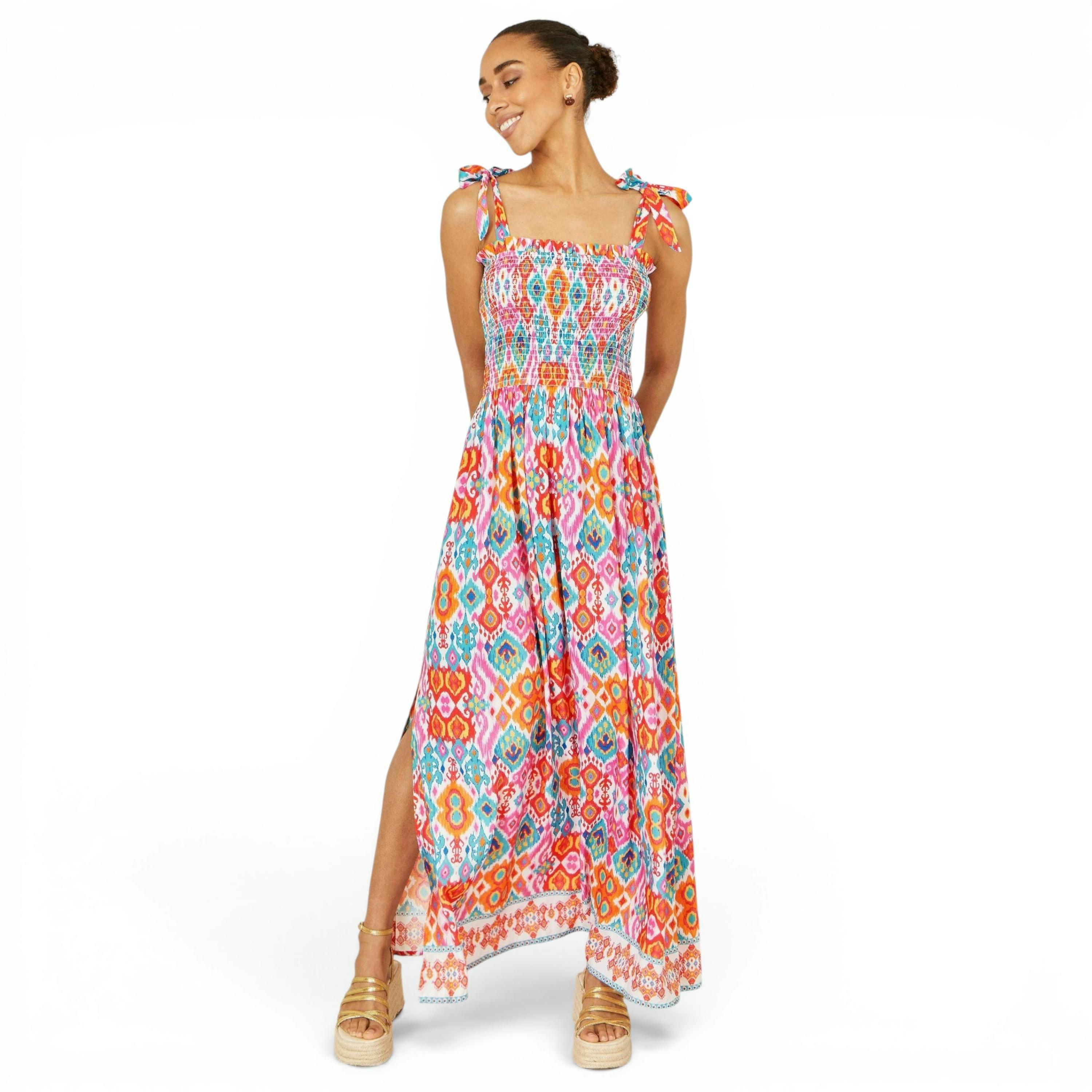 Yumi Multicolour Ikat Print Maxi Viscose Sun Dress , view 1 of 6