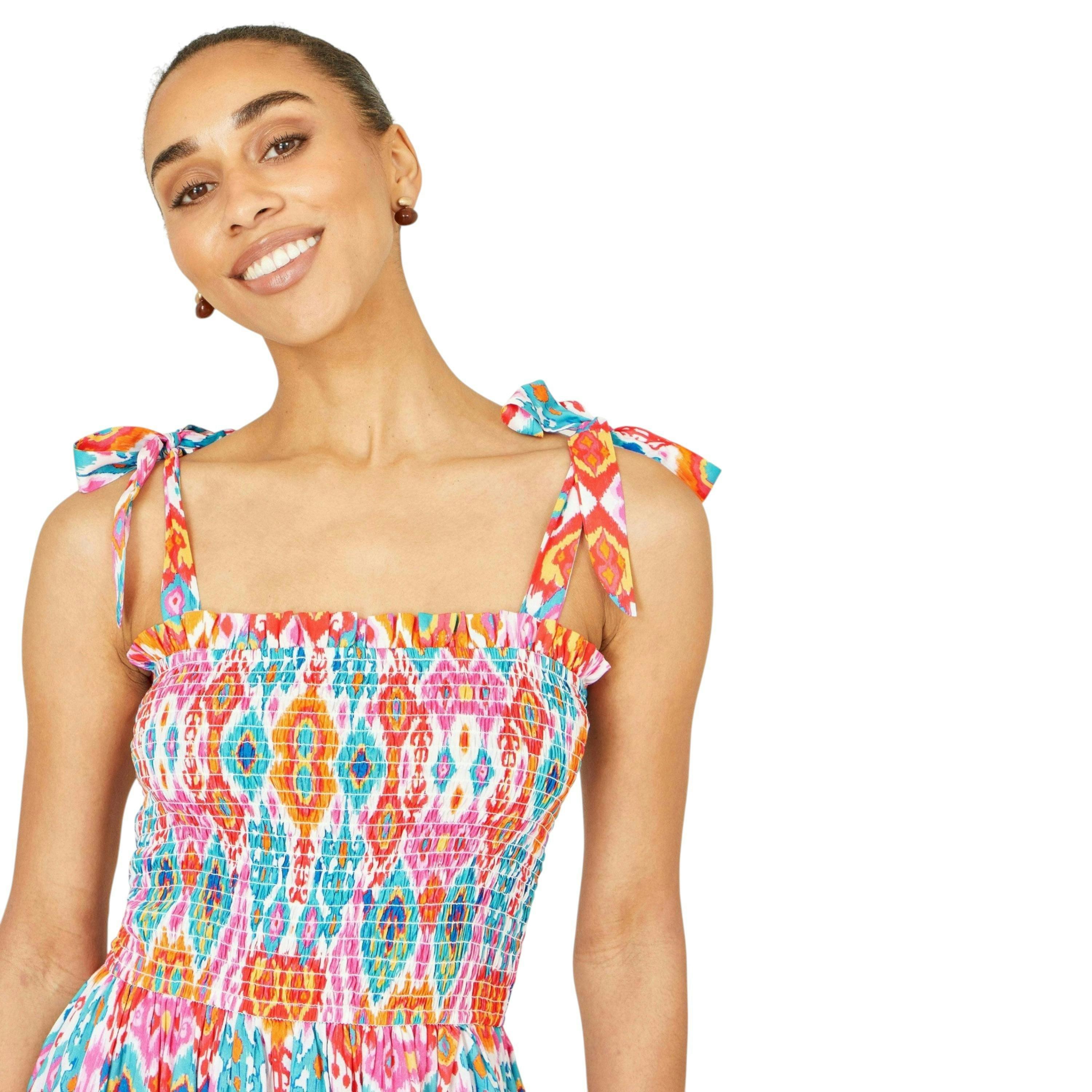 Yumi Multicolour Ikat Print Maxi Viscose Sun Dress , view 2 of 6