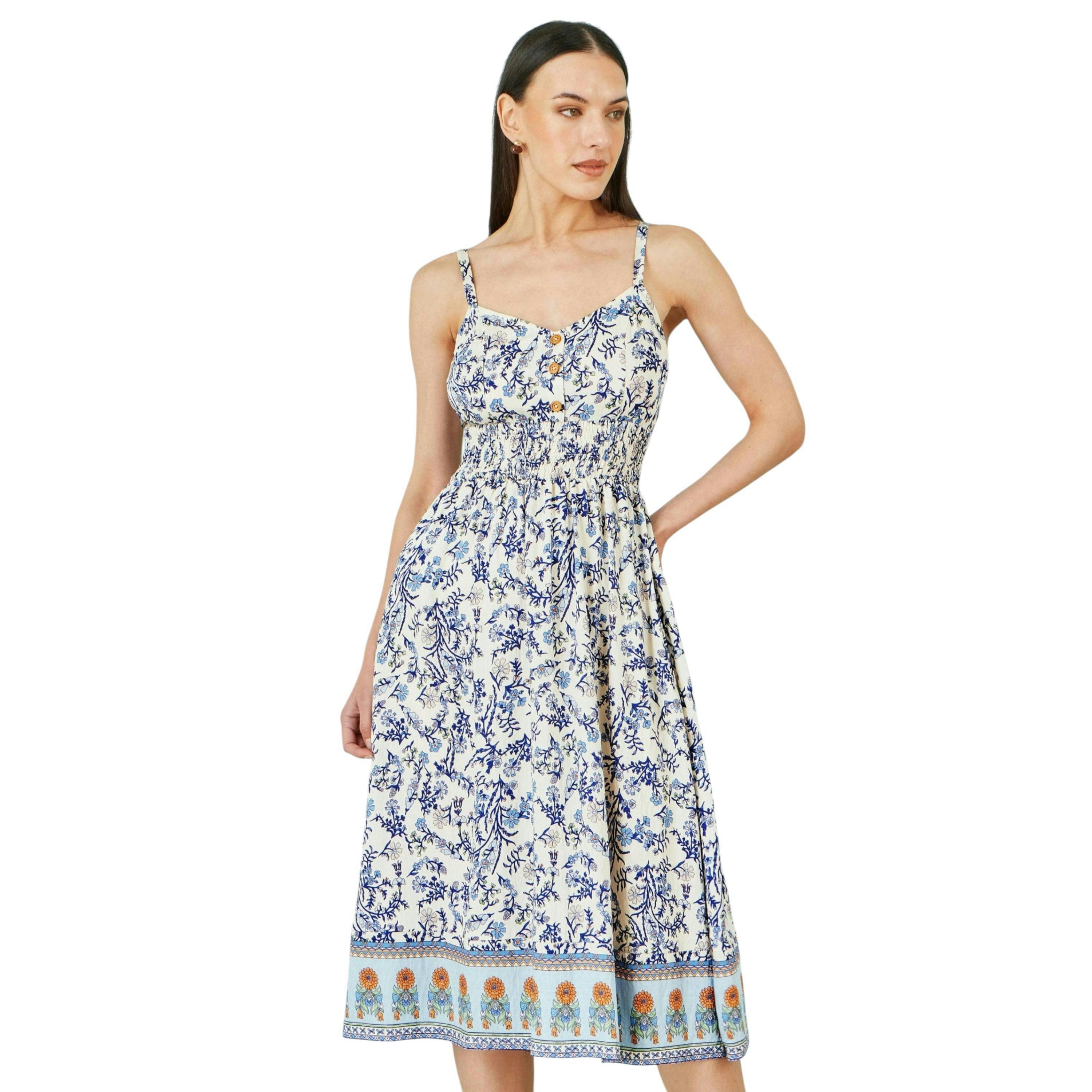 Yumi White Floral Border Print Viscose Midi Sun Dress , view 1 of 6