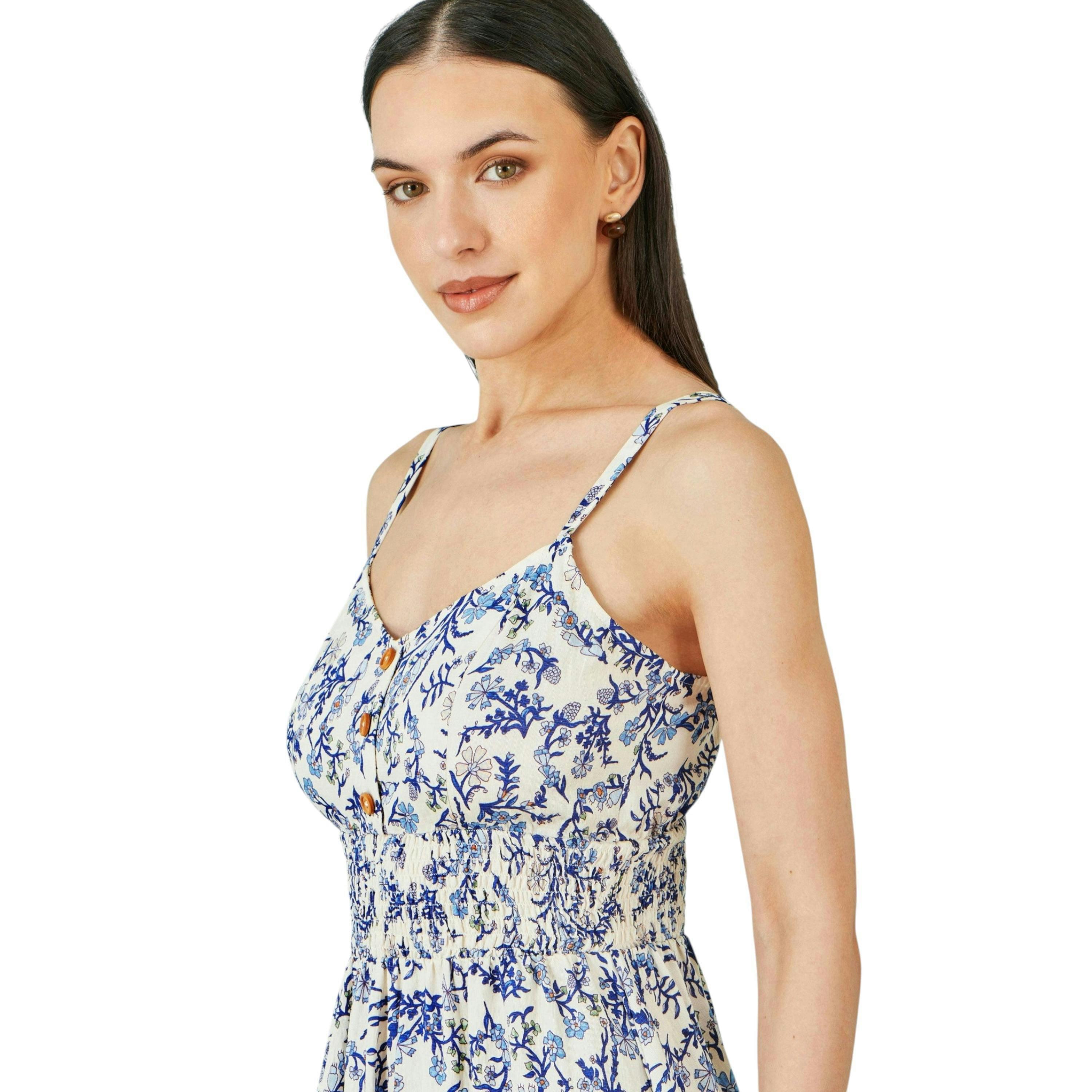 Yumi White Floral Border Print Viscose Midi Sun Dress , view 2 of 6