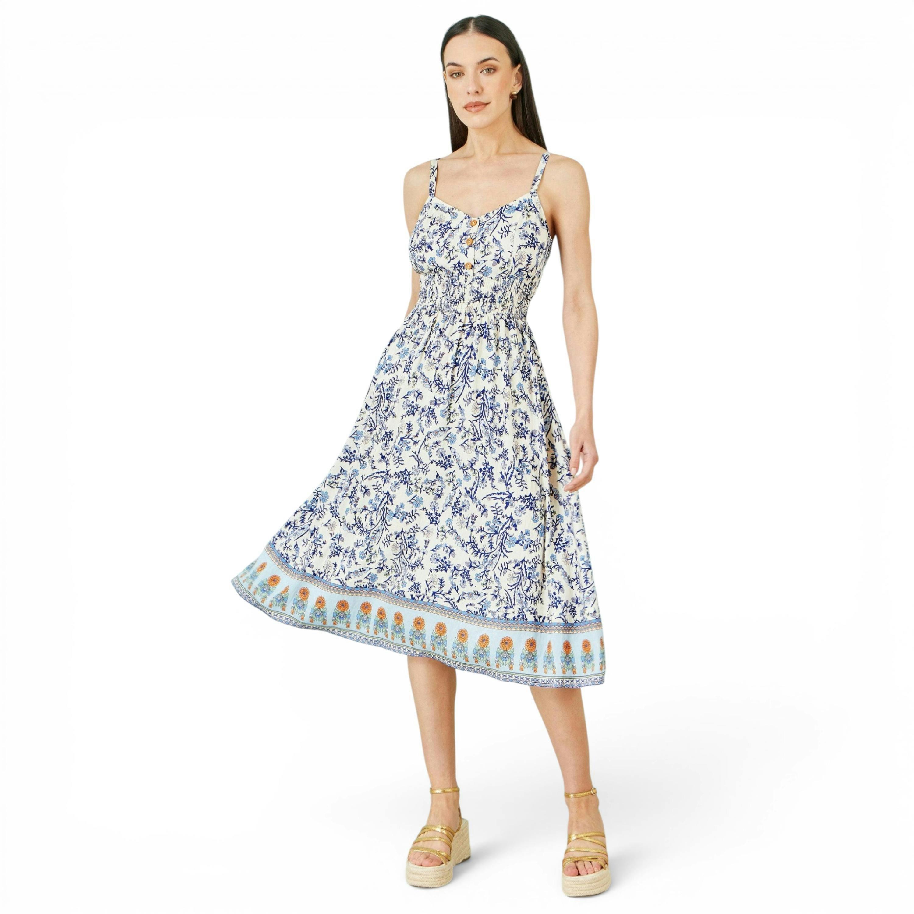 Yumi White Floral Border Print Viscose Midi Sun Dress , view 3 of 6