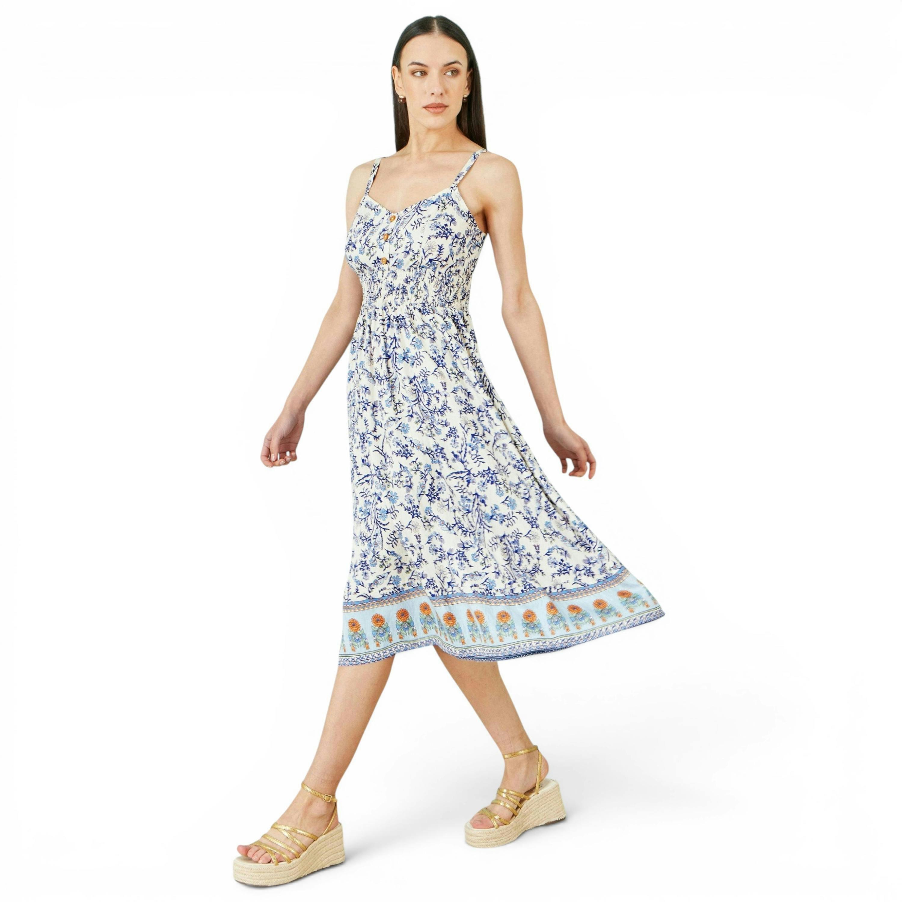 Yumi White Floral Border Print Viscose Midi Sun Dress , view 4 of 6