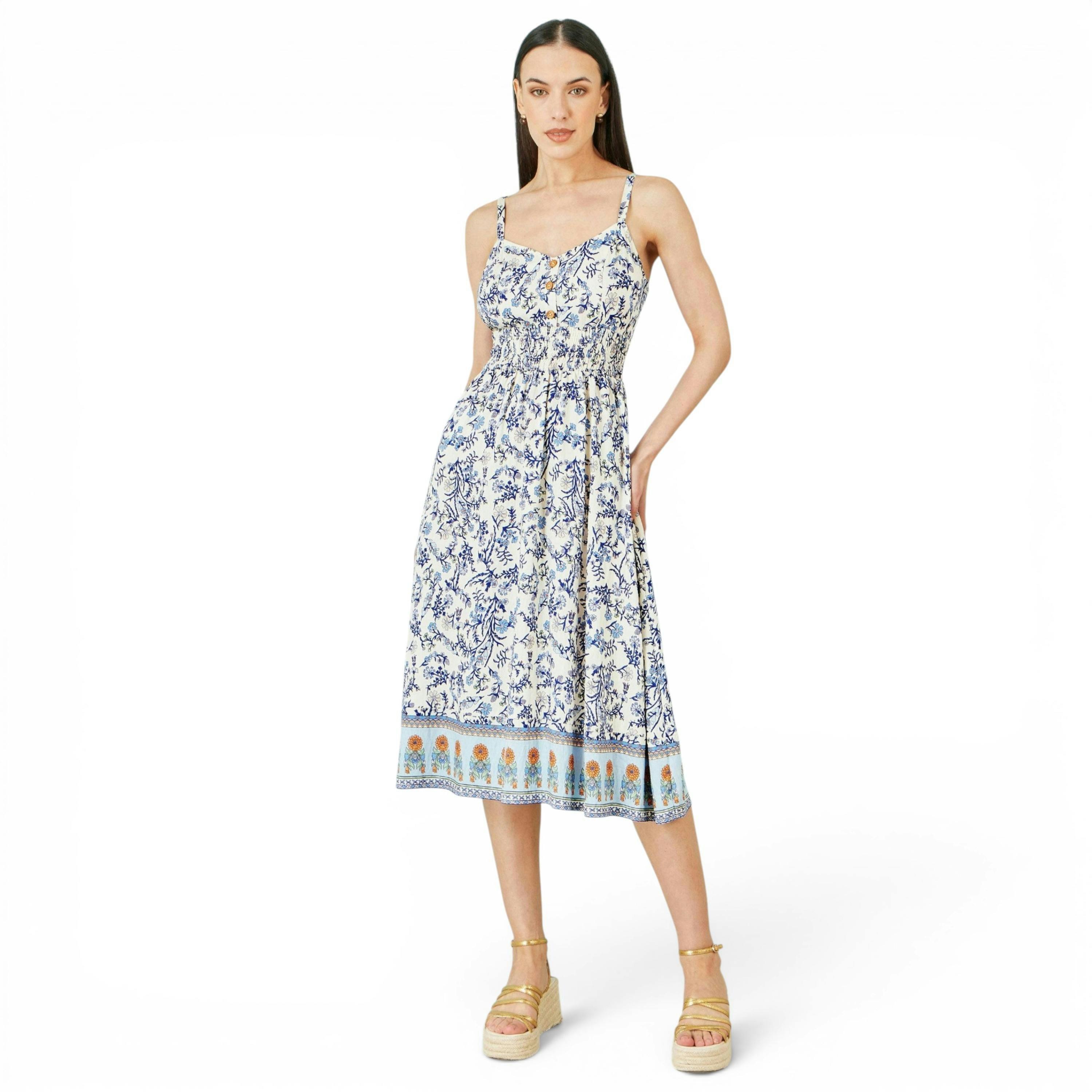 Yumi White Floral Border Print Viscose Midi Sun Dress , view 5 of 6