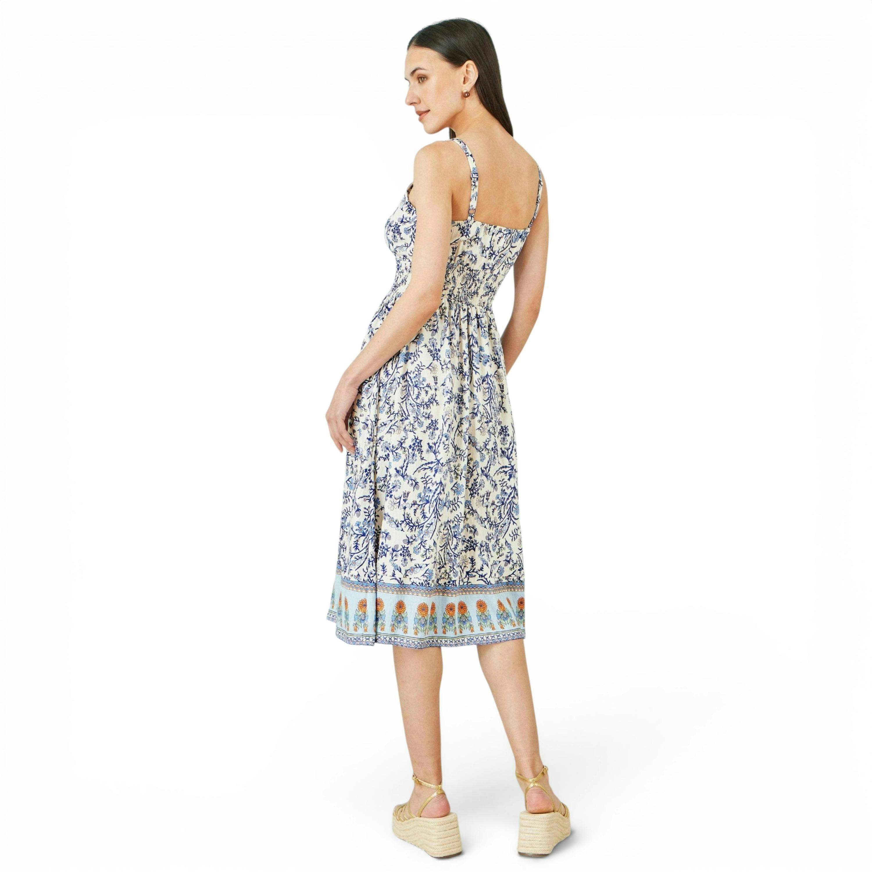 Yumi White Floral Border Print Viscose Midi Sun Dress , view 6 of 6