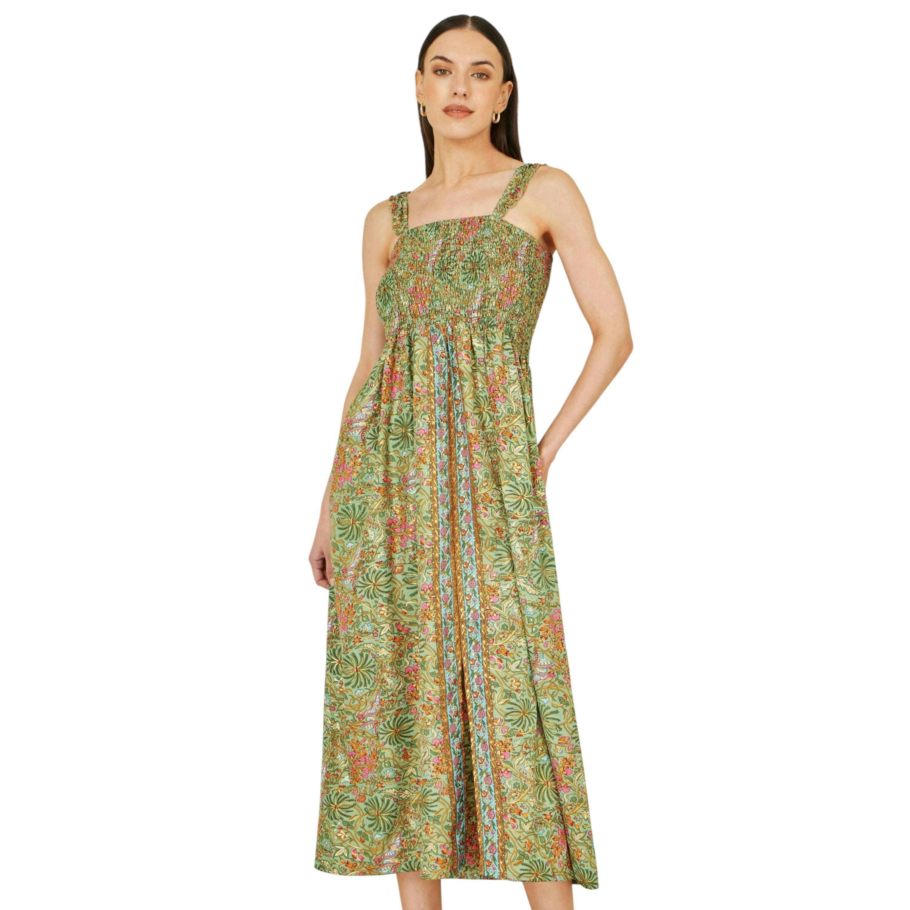 Yumi Green Foil Palm Print Ruched Maxi Dress With Border Detail , view 1 of 6