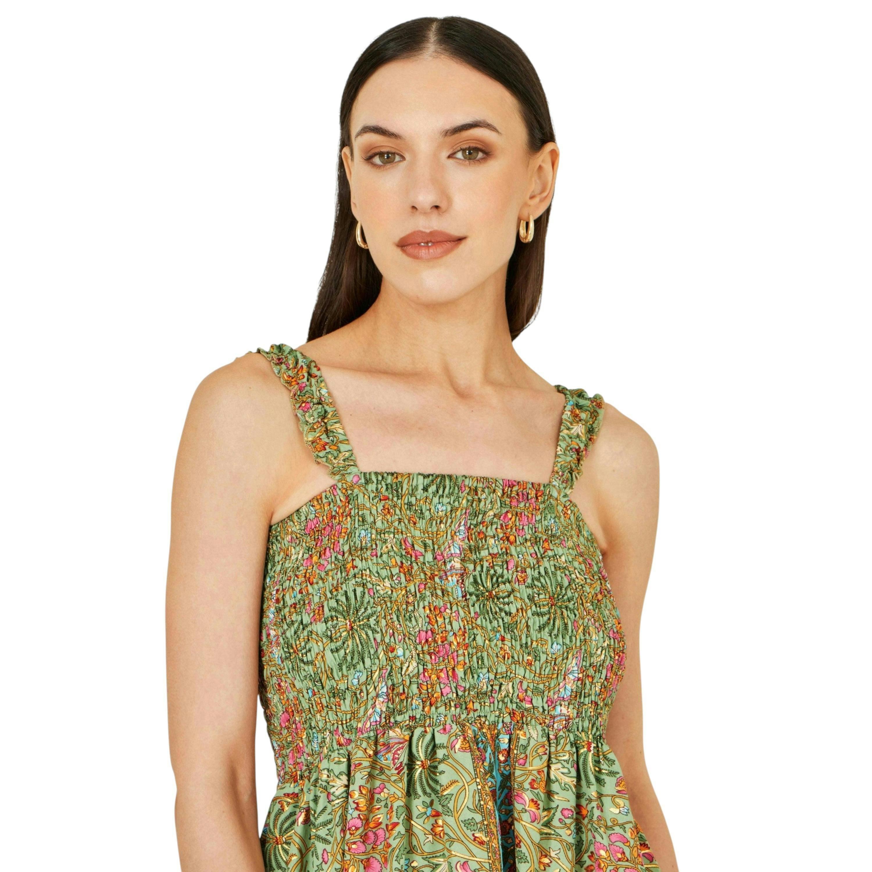 Yumi Green Foil Palm Print Ruched Maxi Dress With Border Detail , view 2 of 6