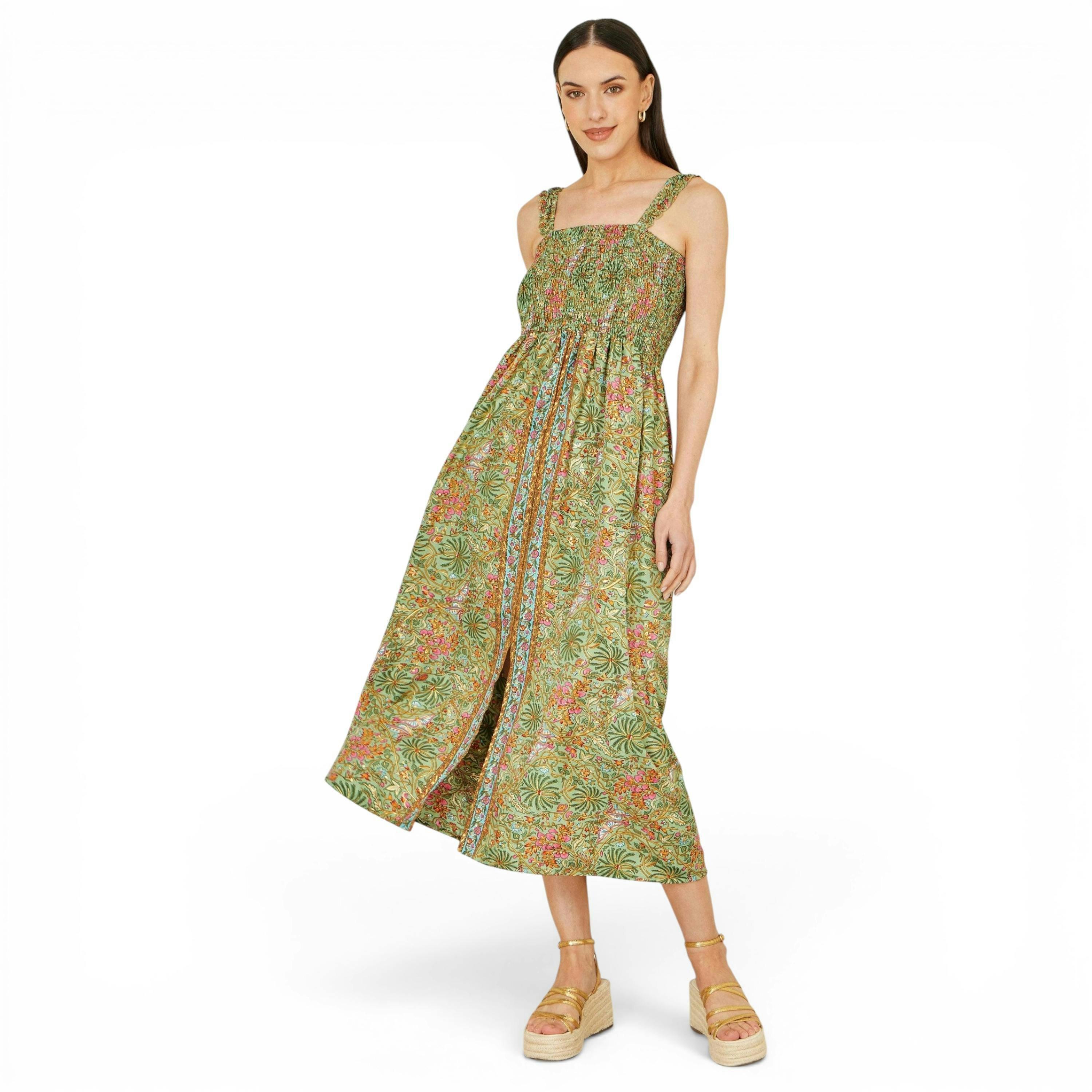 Yumi Green Foil Palm Print Ruched Maxi Dress With Border Detail , view 3 of 6