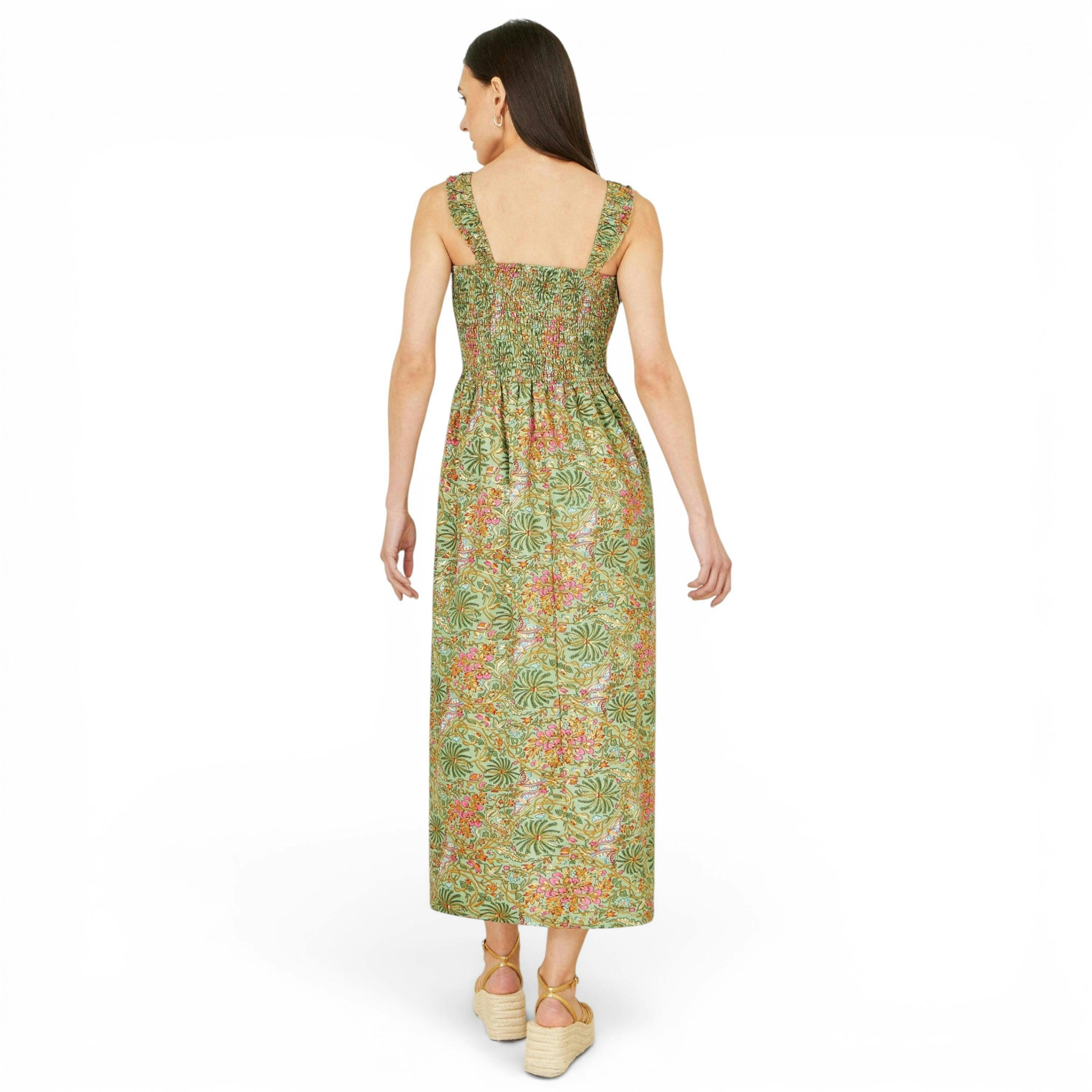 Yumi Green Foil Palm Print Ruched Maxi Dress With Border Detail , view 4 of 6
