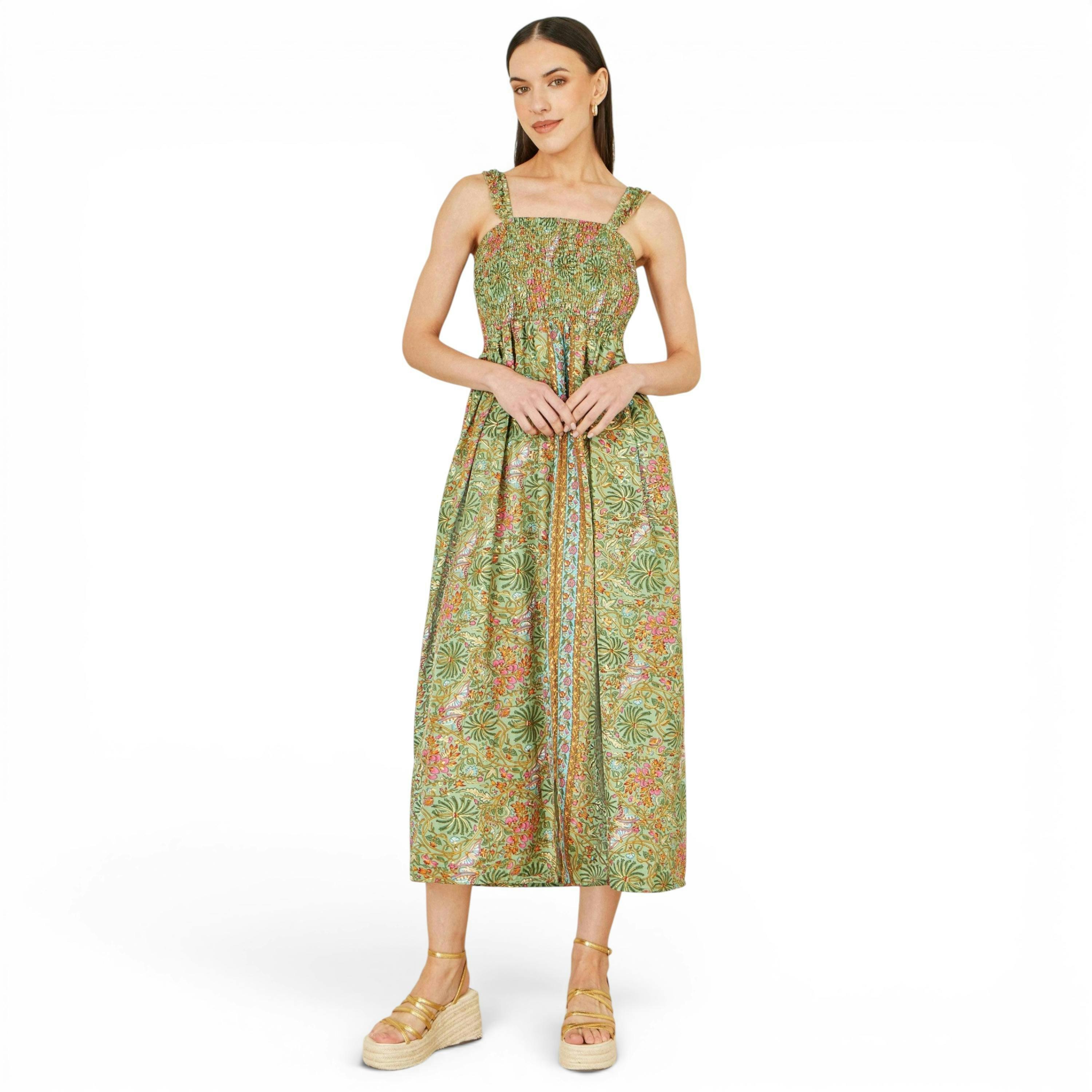 Yumi Green Foil Palm Print Ruched Maxi Dress With Border Detail , view 5 of 6