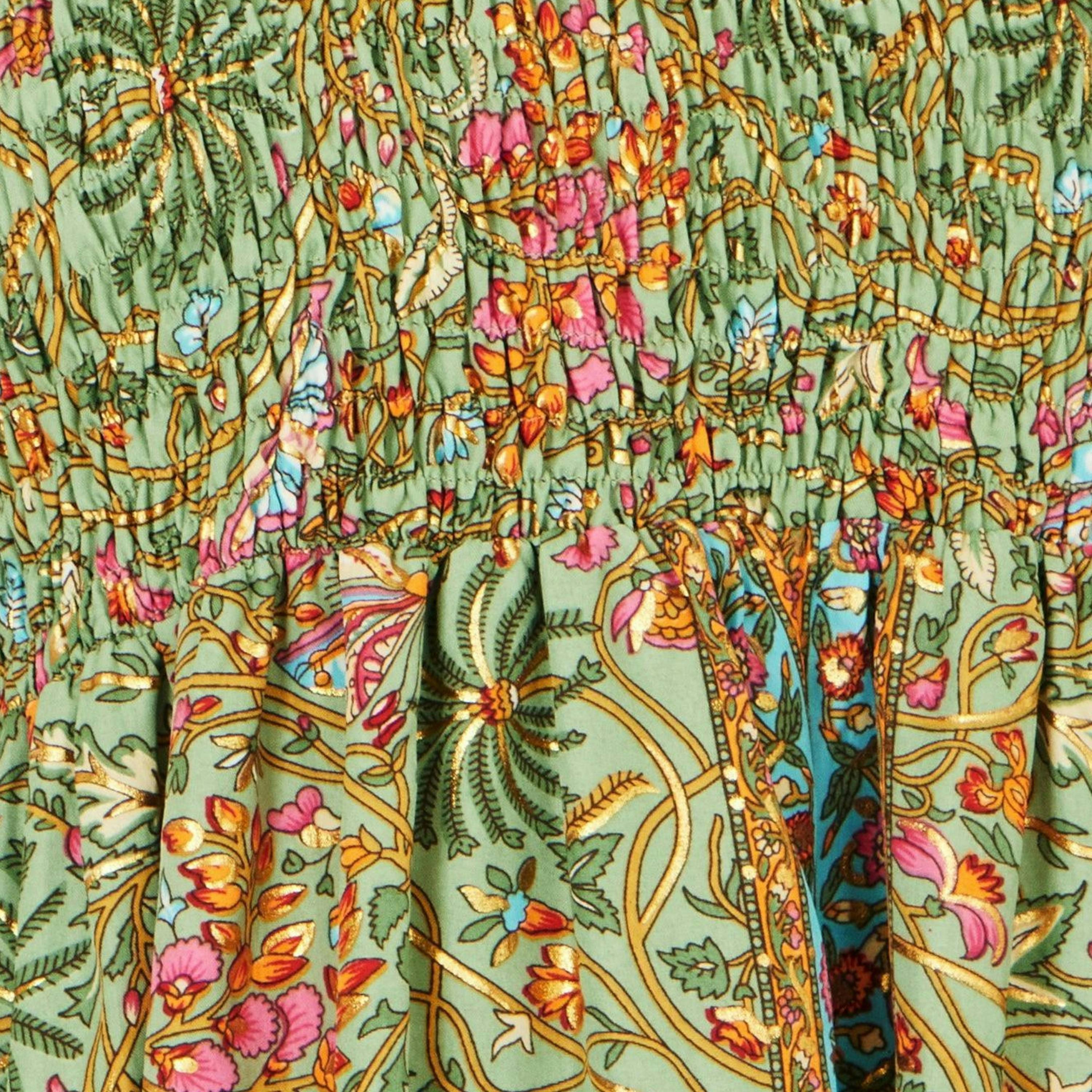 Yumi Green Foil Palm Print Ruched Maxi Dress With Border Detail , view 6 of 6