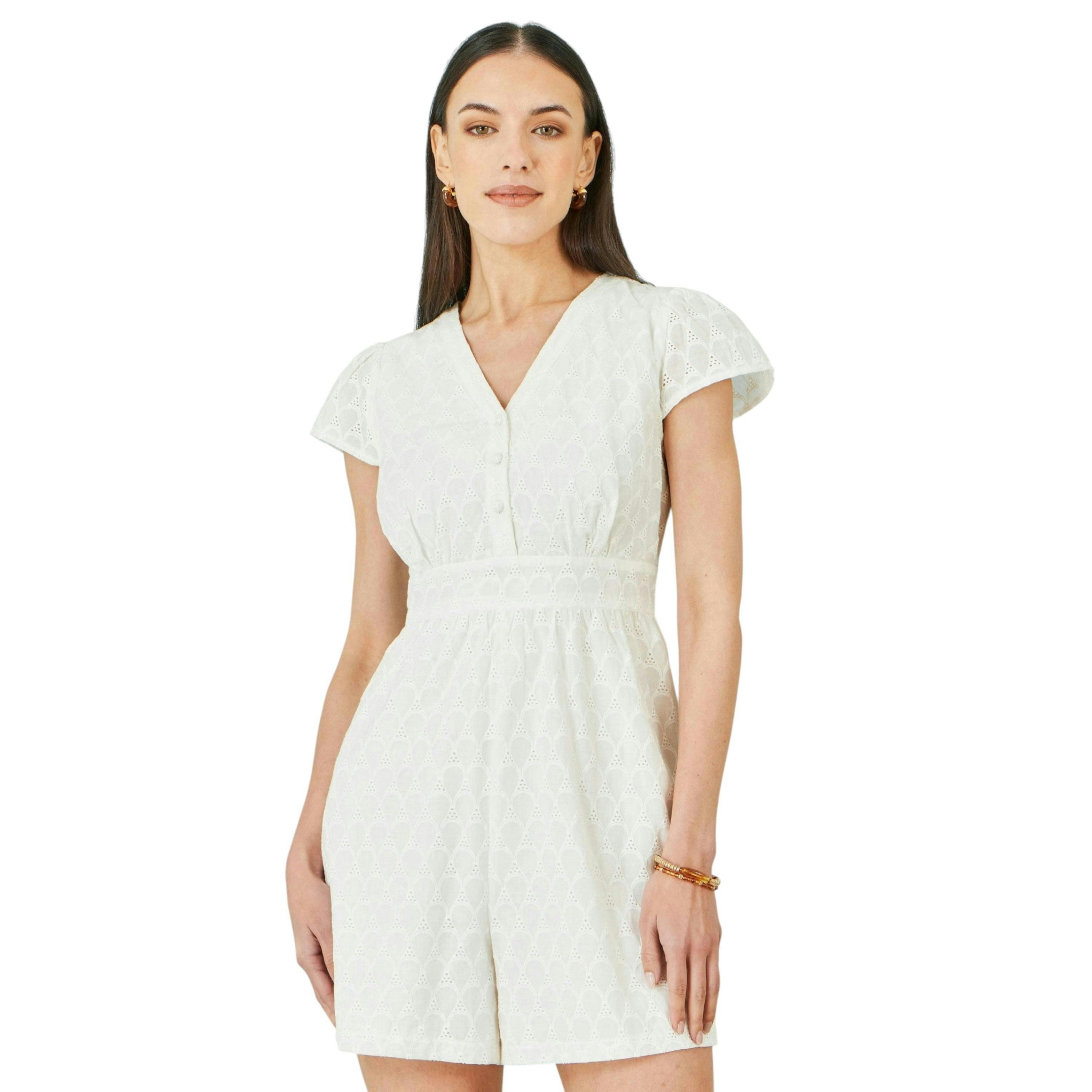 Yumi White Cotton Broderie Anglaise Playsuit , view 1 of 6