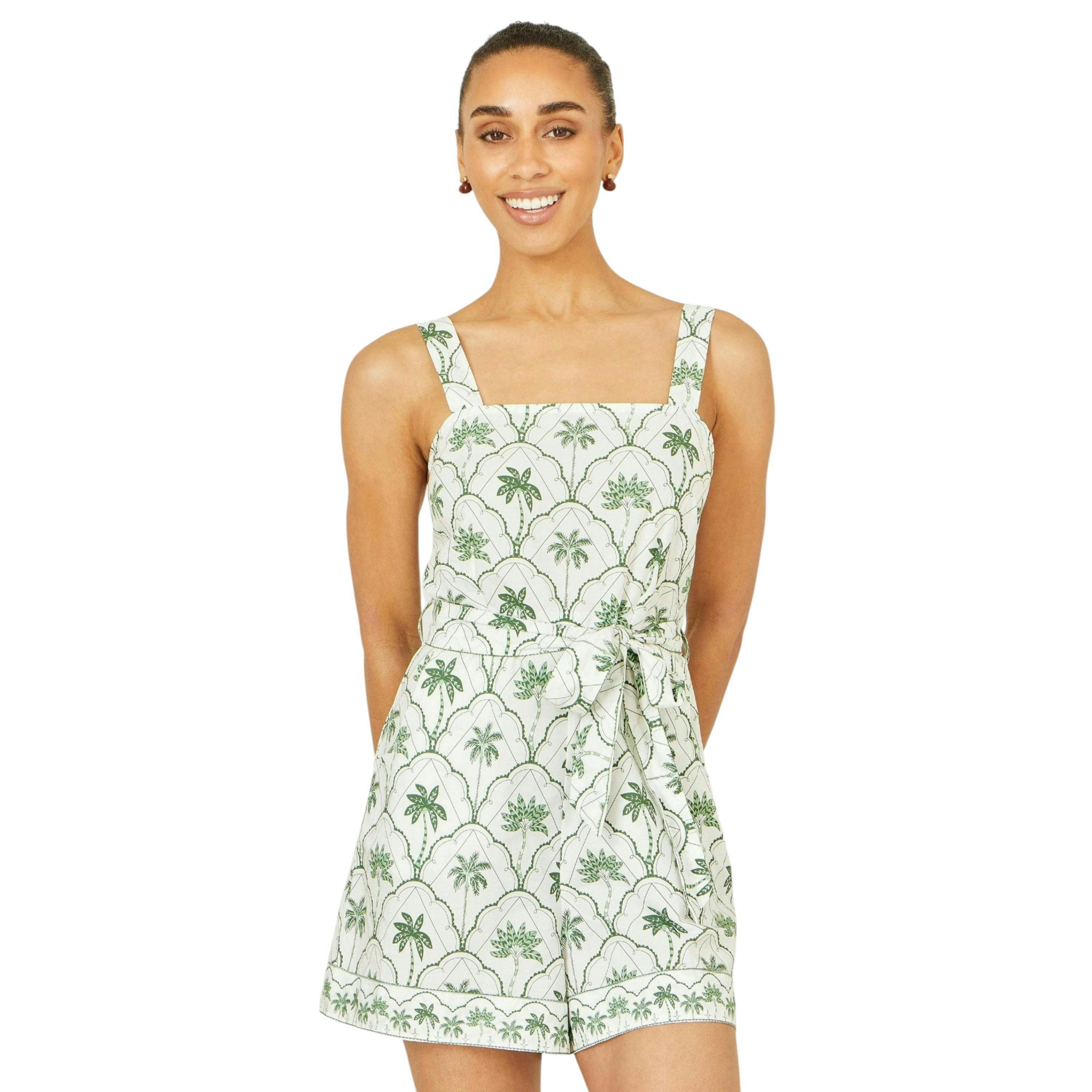 Yumi White Palm Print Cotton Playsuit , view 1 of 5