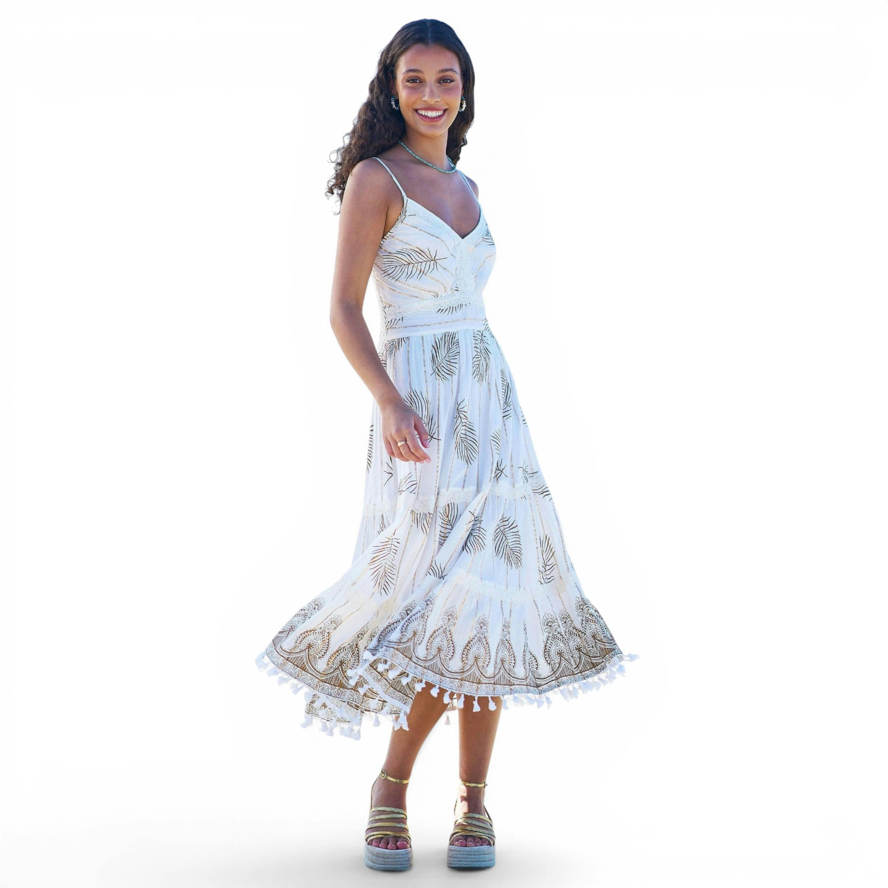 Yumi Ivory Foil Print Midi Sun Dress With Lace Trims , view 1 of 6