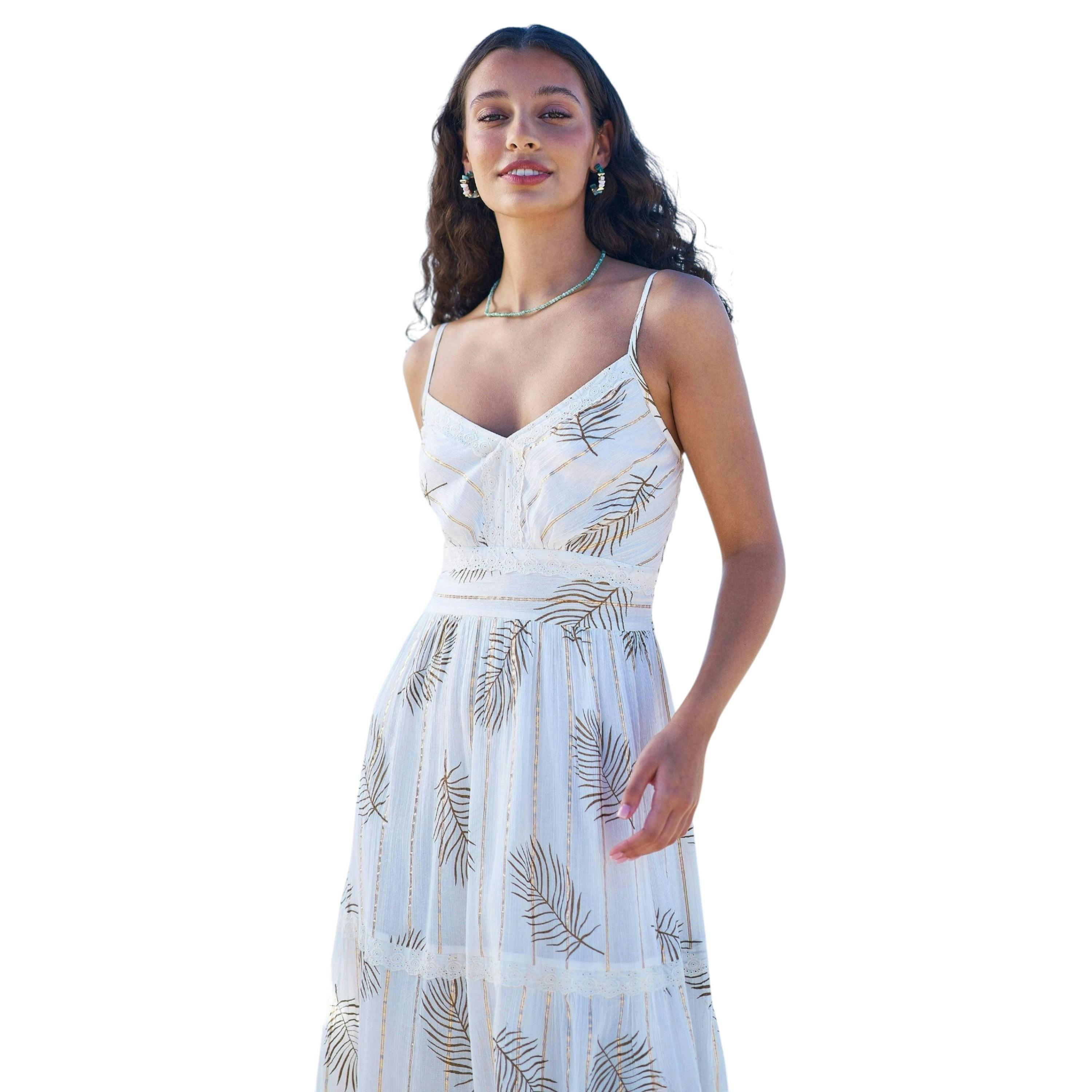 Yumi Ivory Foil Print Midi Sun Dress With Lace Trims , view 2 of 6