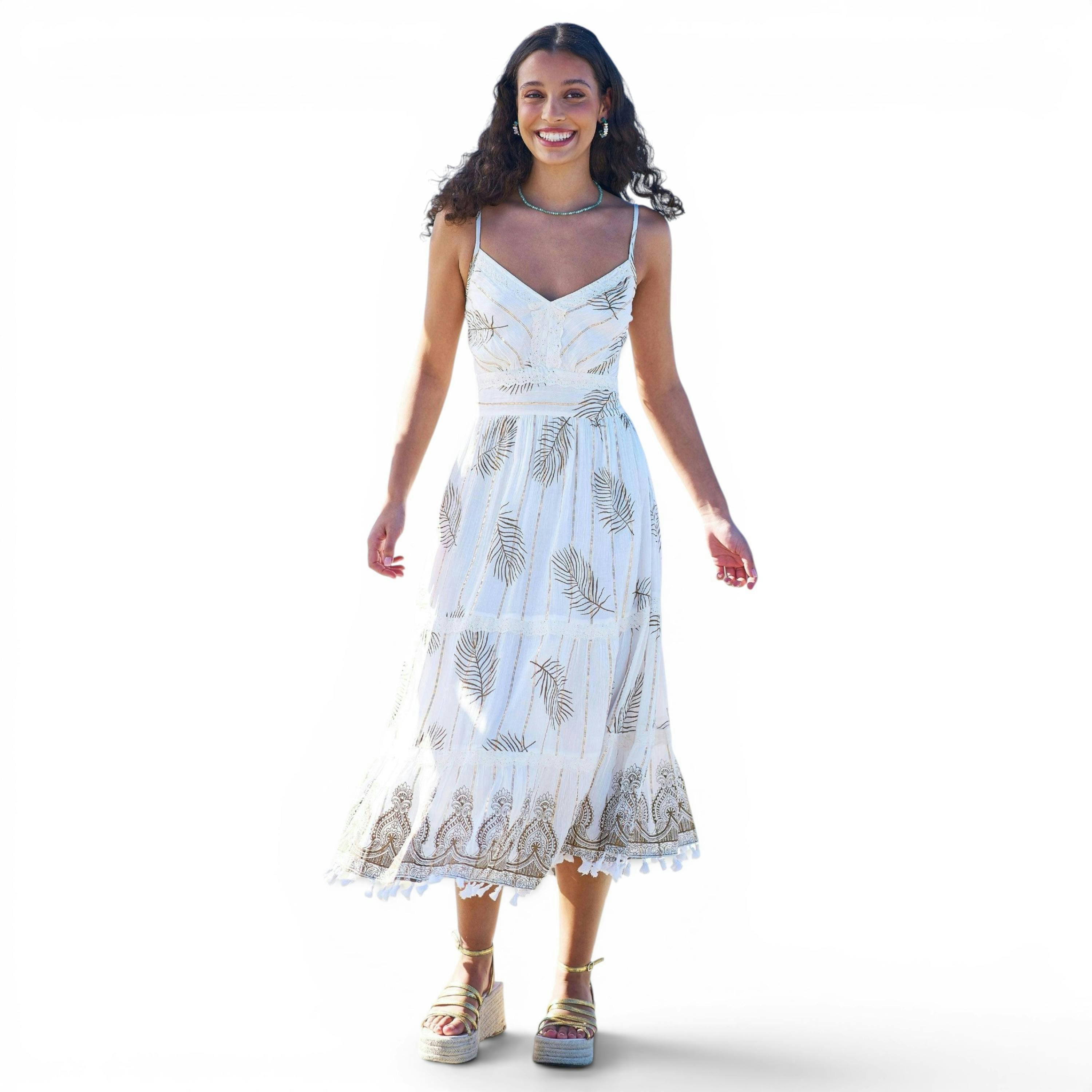 Yumi Ivory Foil Print Midi Sun Dress With Lace Trims , view 3 of 6