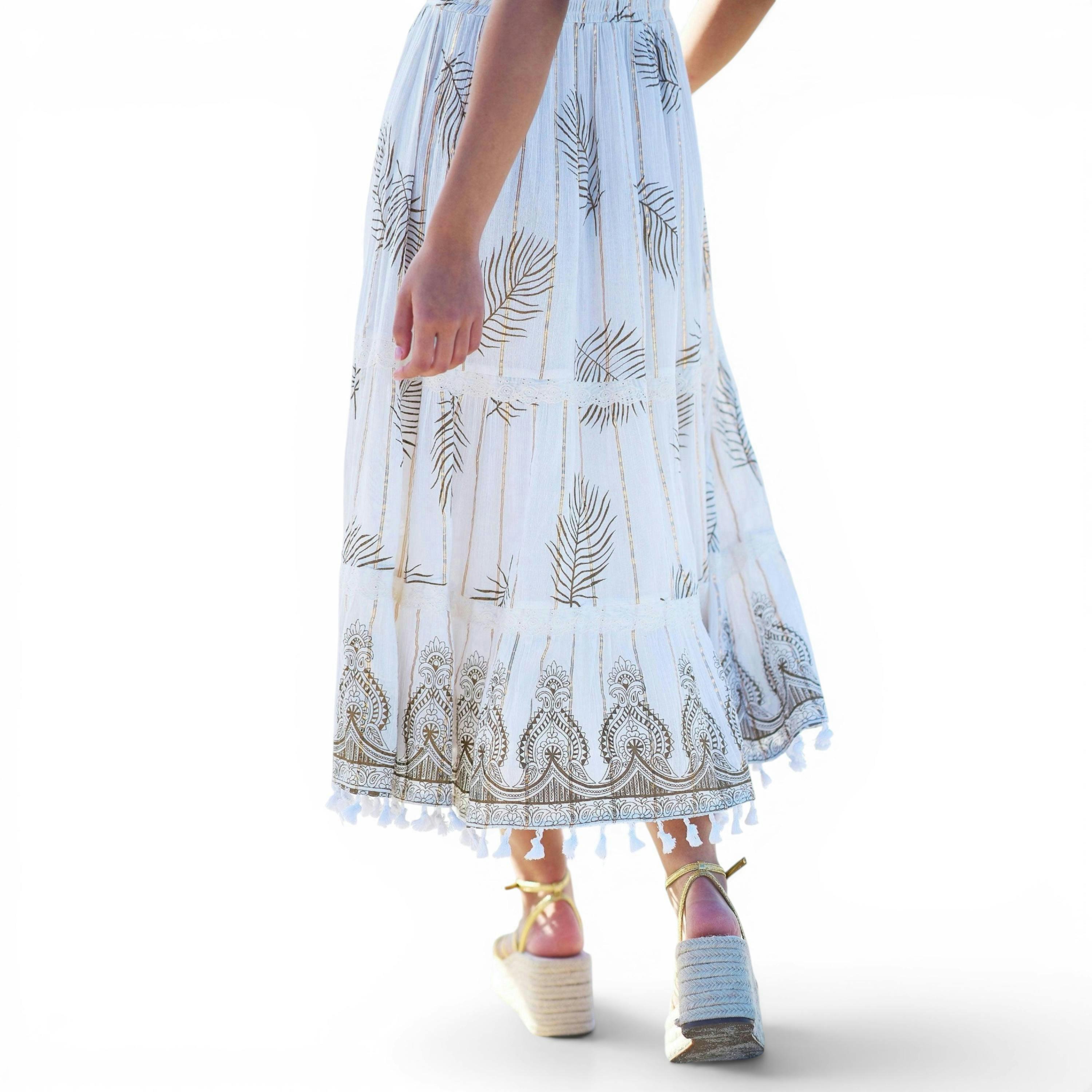 Yumi Ivory Foil Print Midi Sun Dress With Lace Trims , view 4 of 6