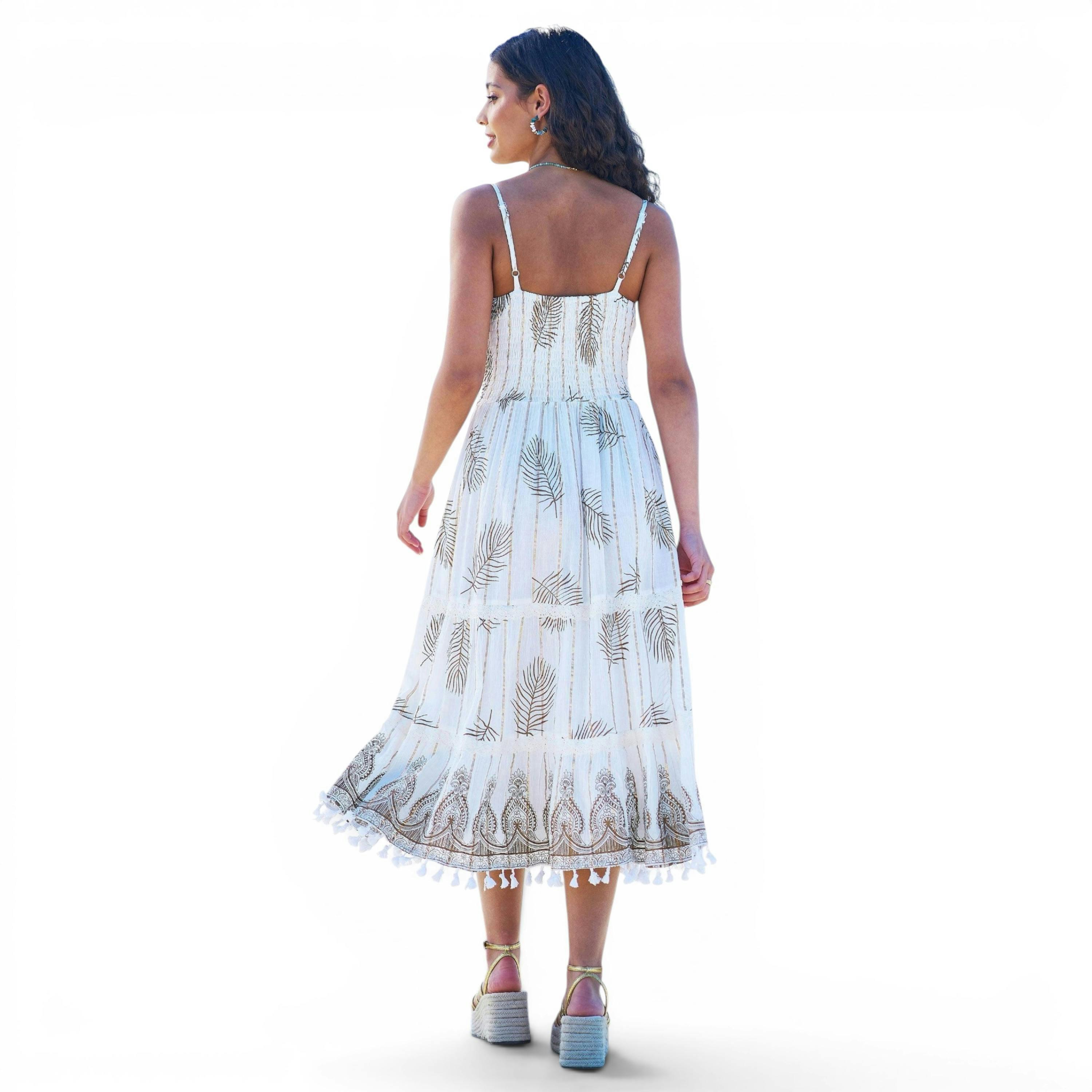 Yumi Ivory Foil Print Midi Sun Dress With Lace Trims , view 5 of 6