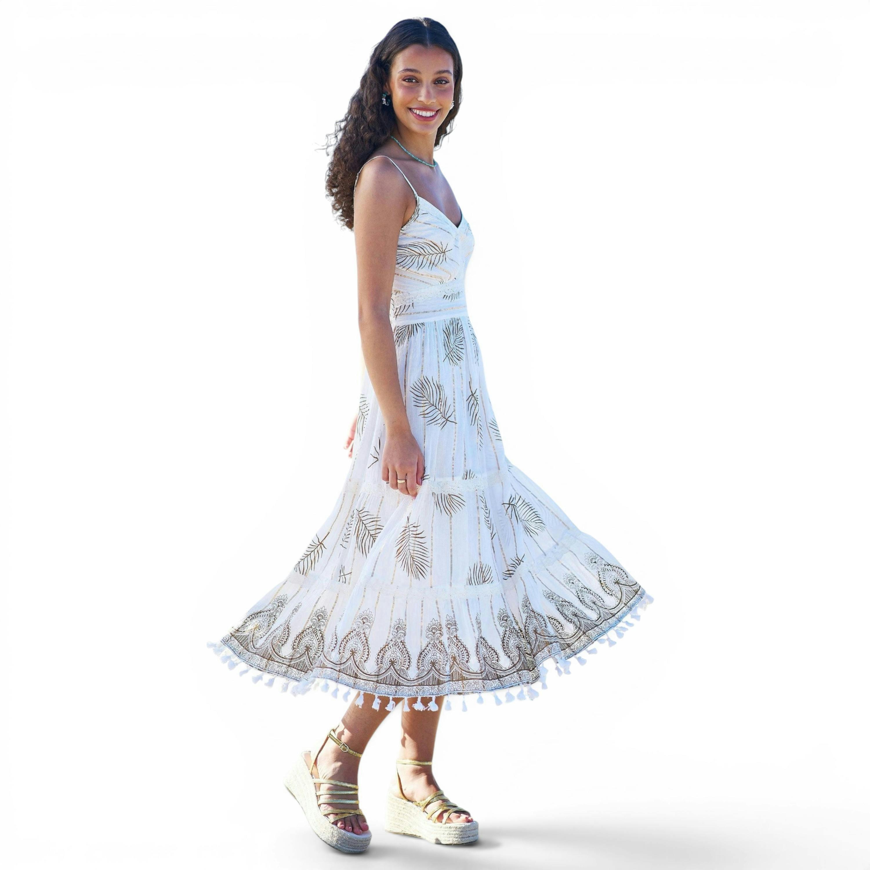 Yumi Ivory Foil Print Midi Sun Dress With Lace Trims , view 6 of 6