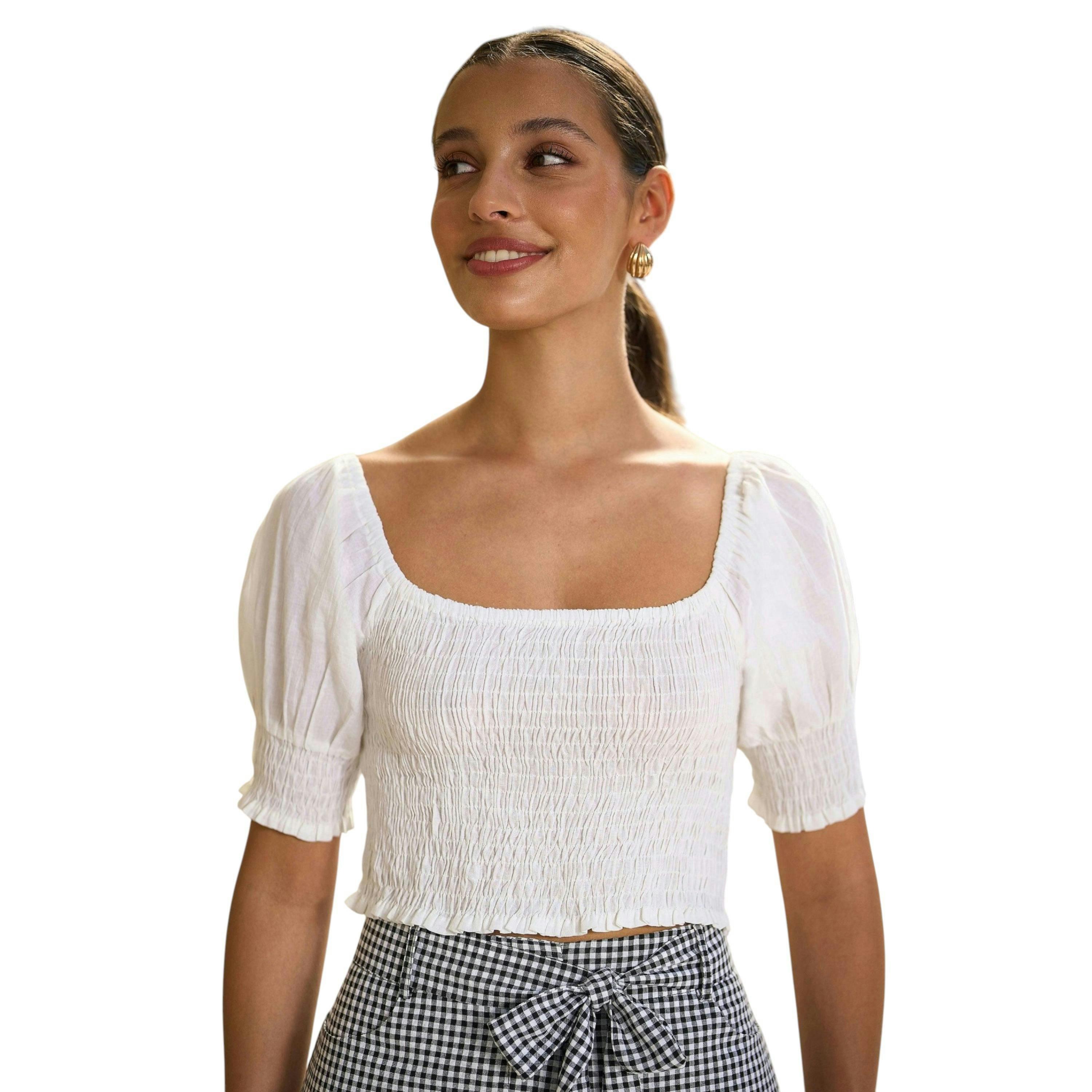Yumi White Cotton Shirring Puff Sleeve Top , view 2 of 6