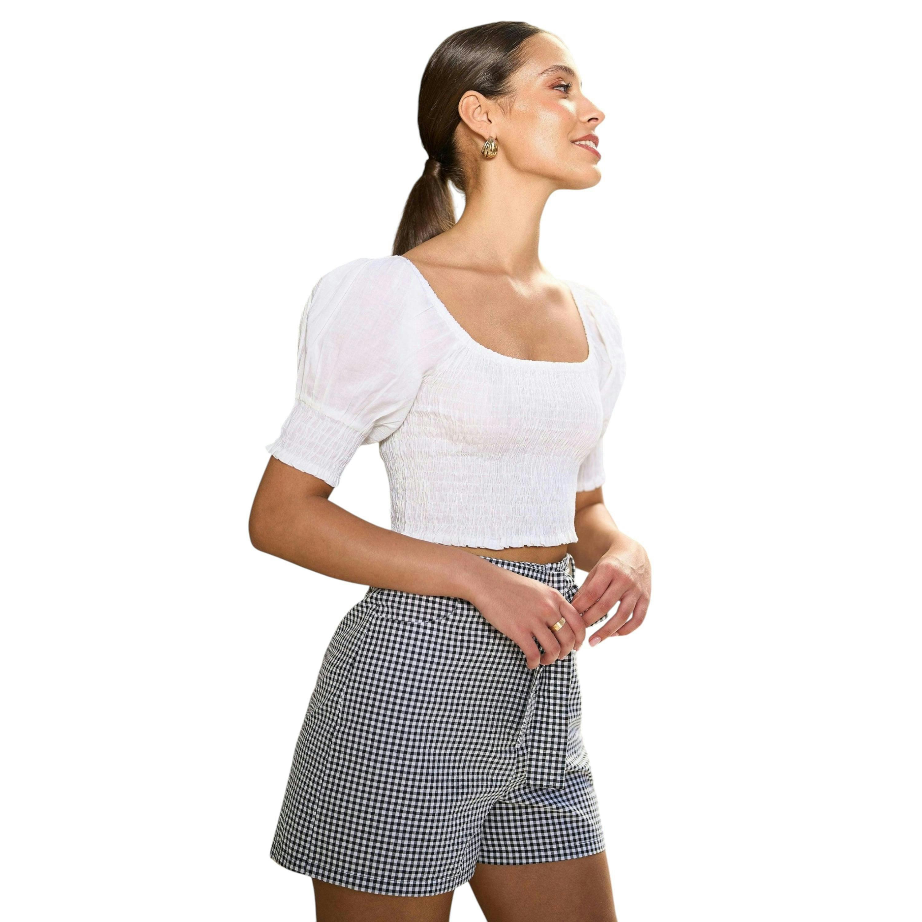 Yumi White Cotton Shirring Puff Sleeve Top , view 4 of 6