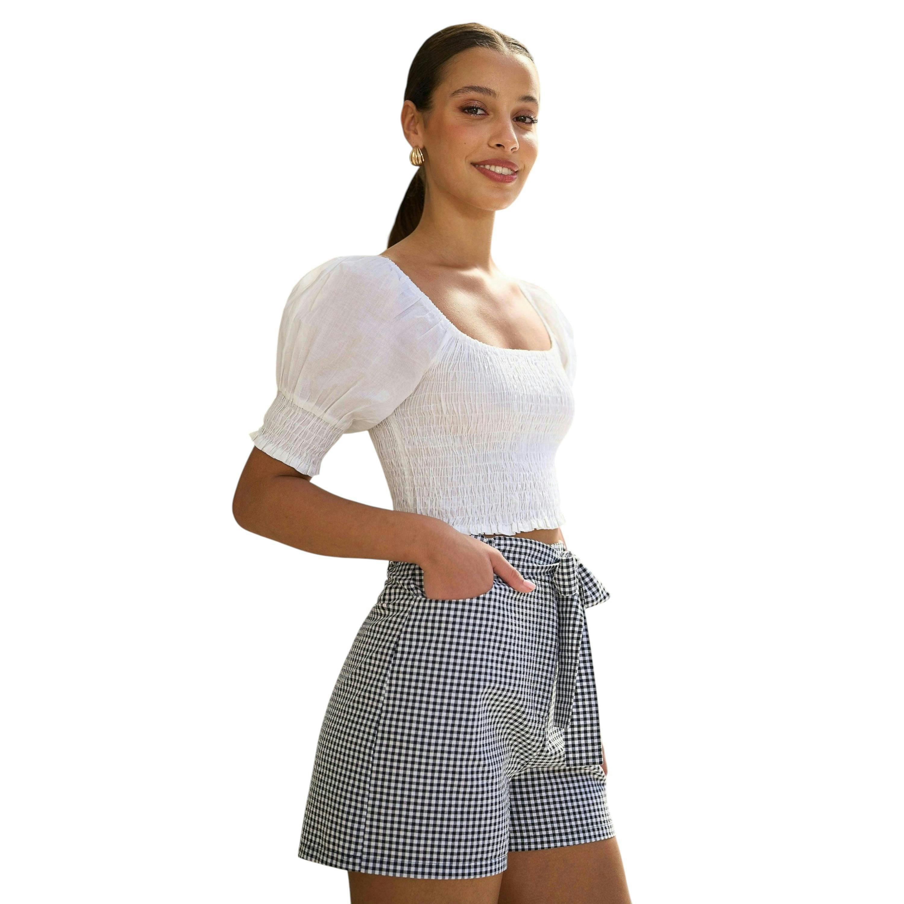 Yumi White Cotton Shirring Puff Sleeve Top , view 6 of 6