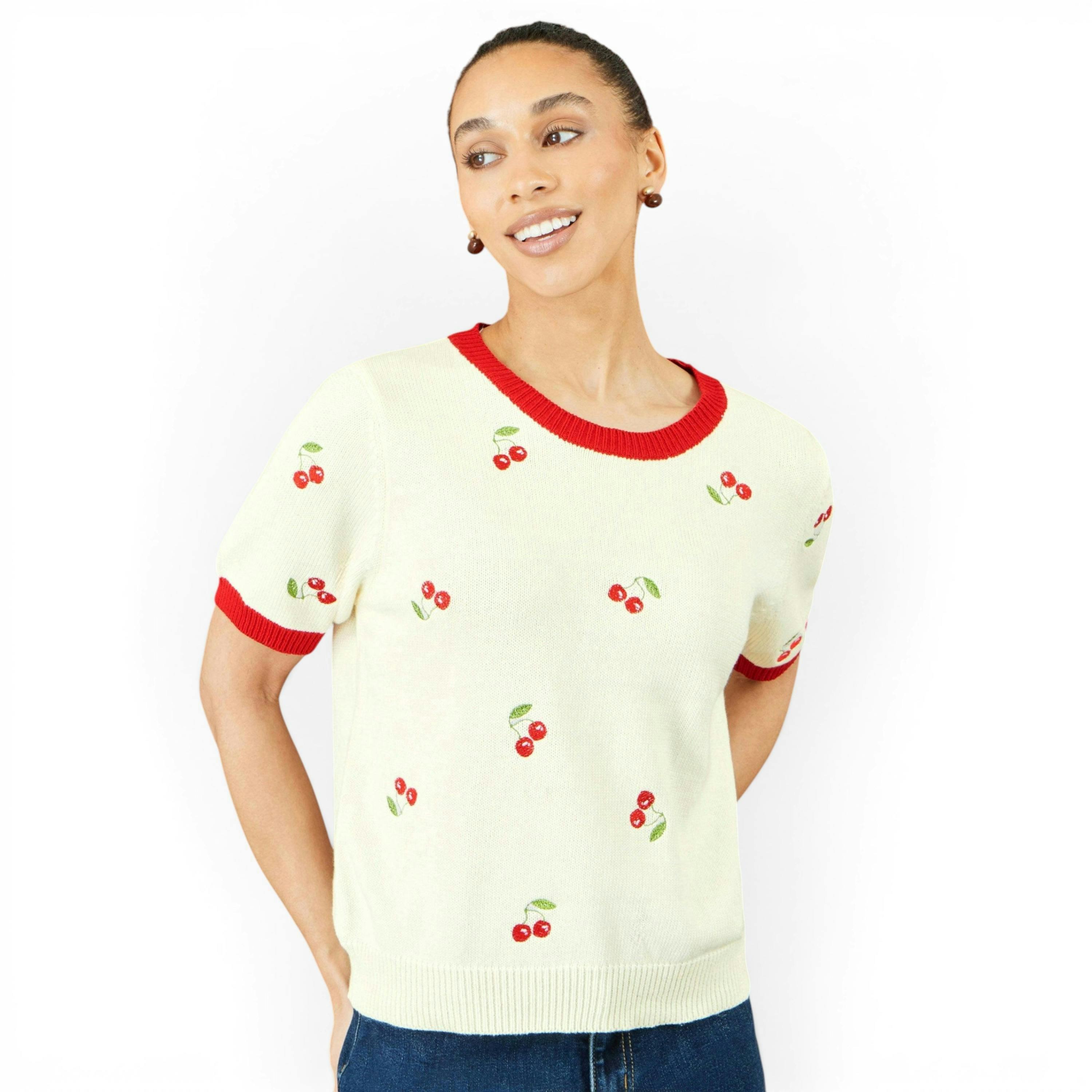 Yumi Ivory Cherry Cotton Knitted Top , view 1 of 6