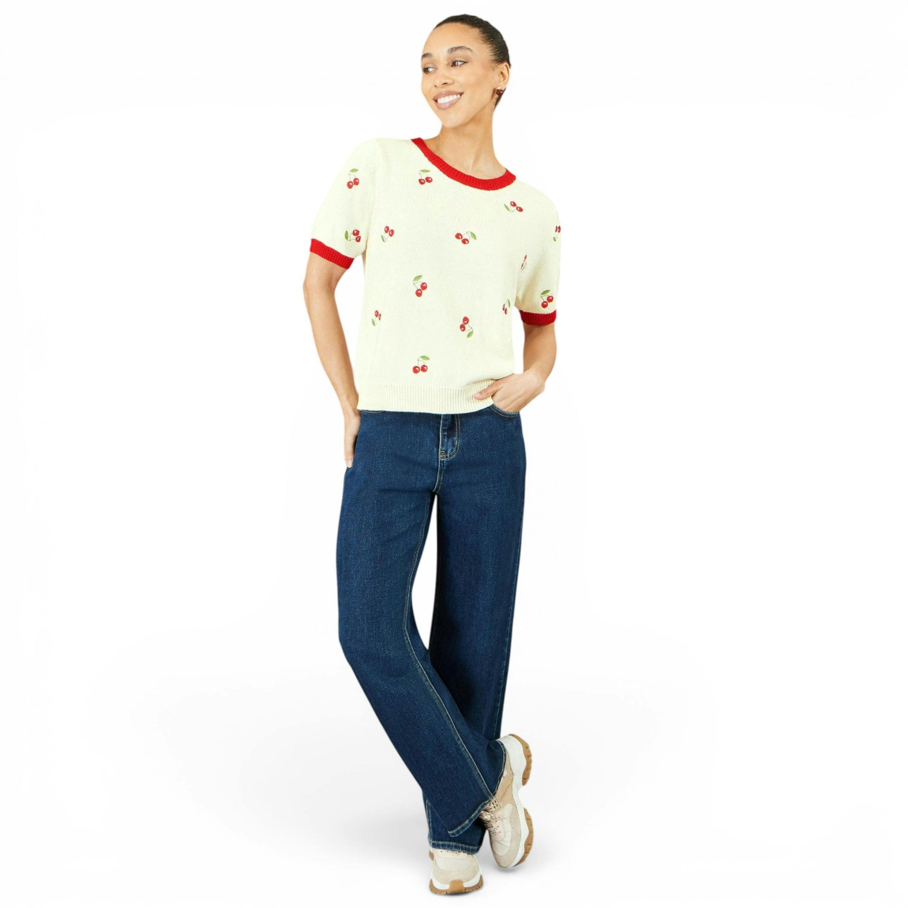 Yumi Ivory Cherry Cotton Knitted Top , view 2 of 6