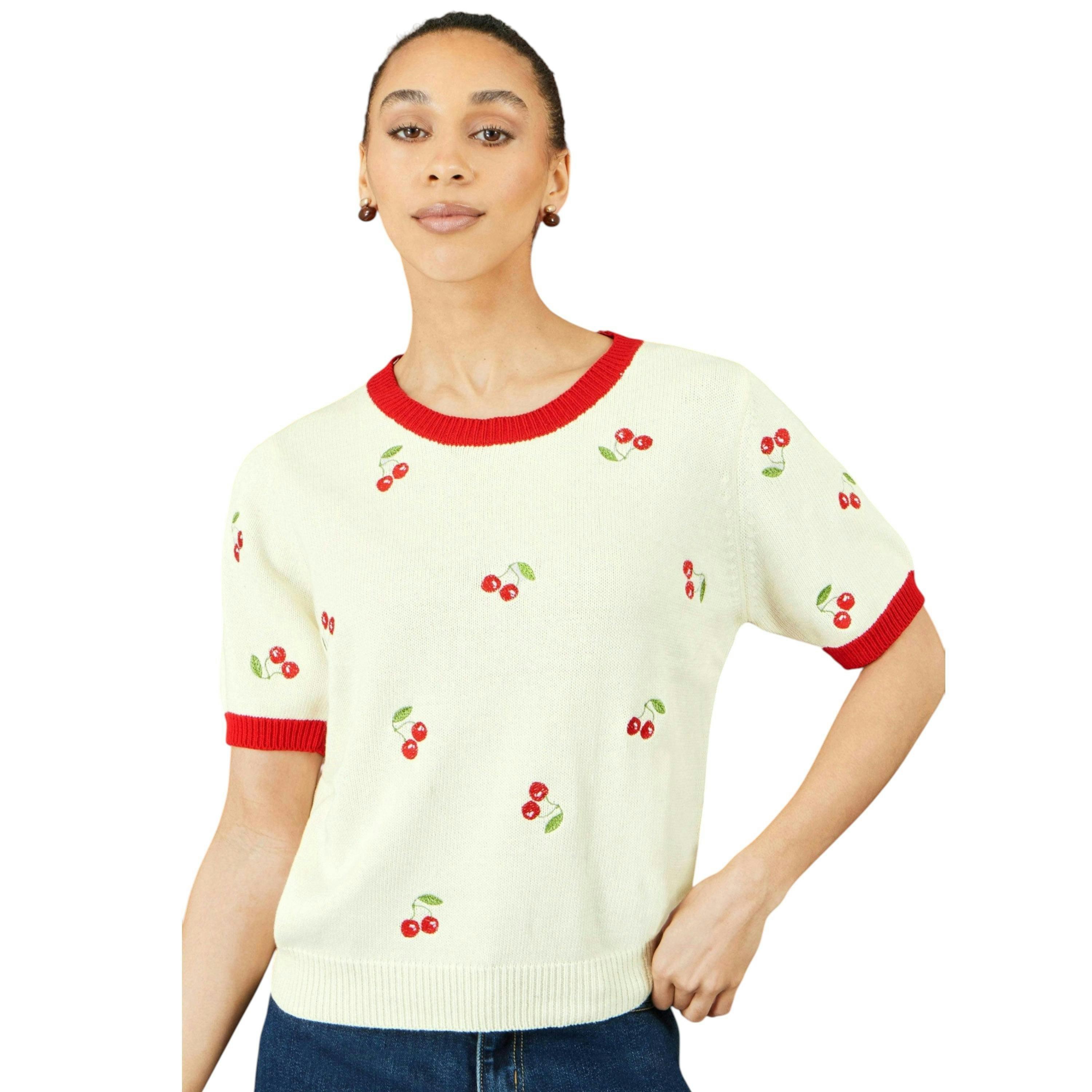 Yumi Ivory Cherry Cotton Knitted Top , view 3 of 6