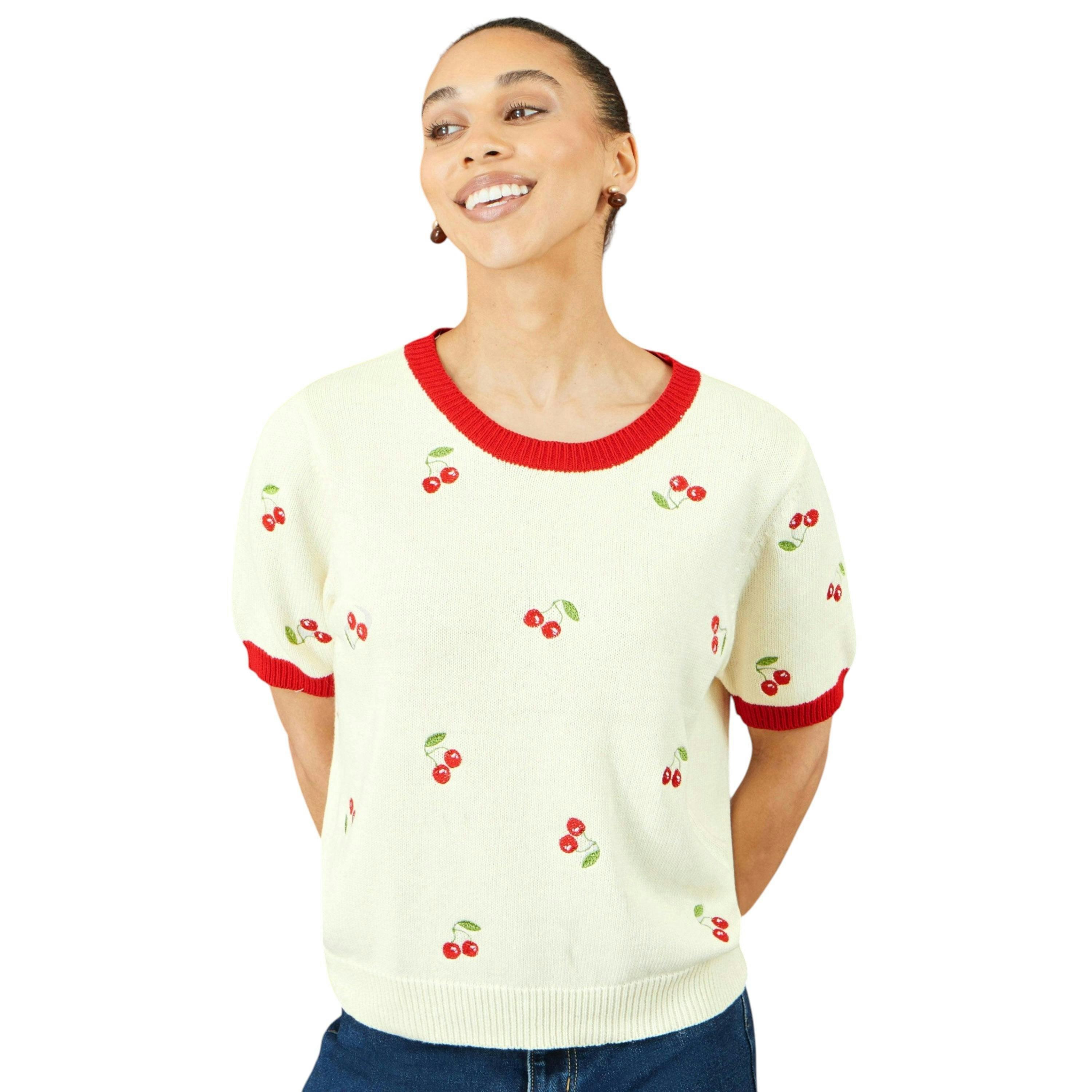 Yumi Ivory Cherry Cotton Knitted Top , view 5 of 6