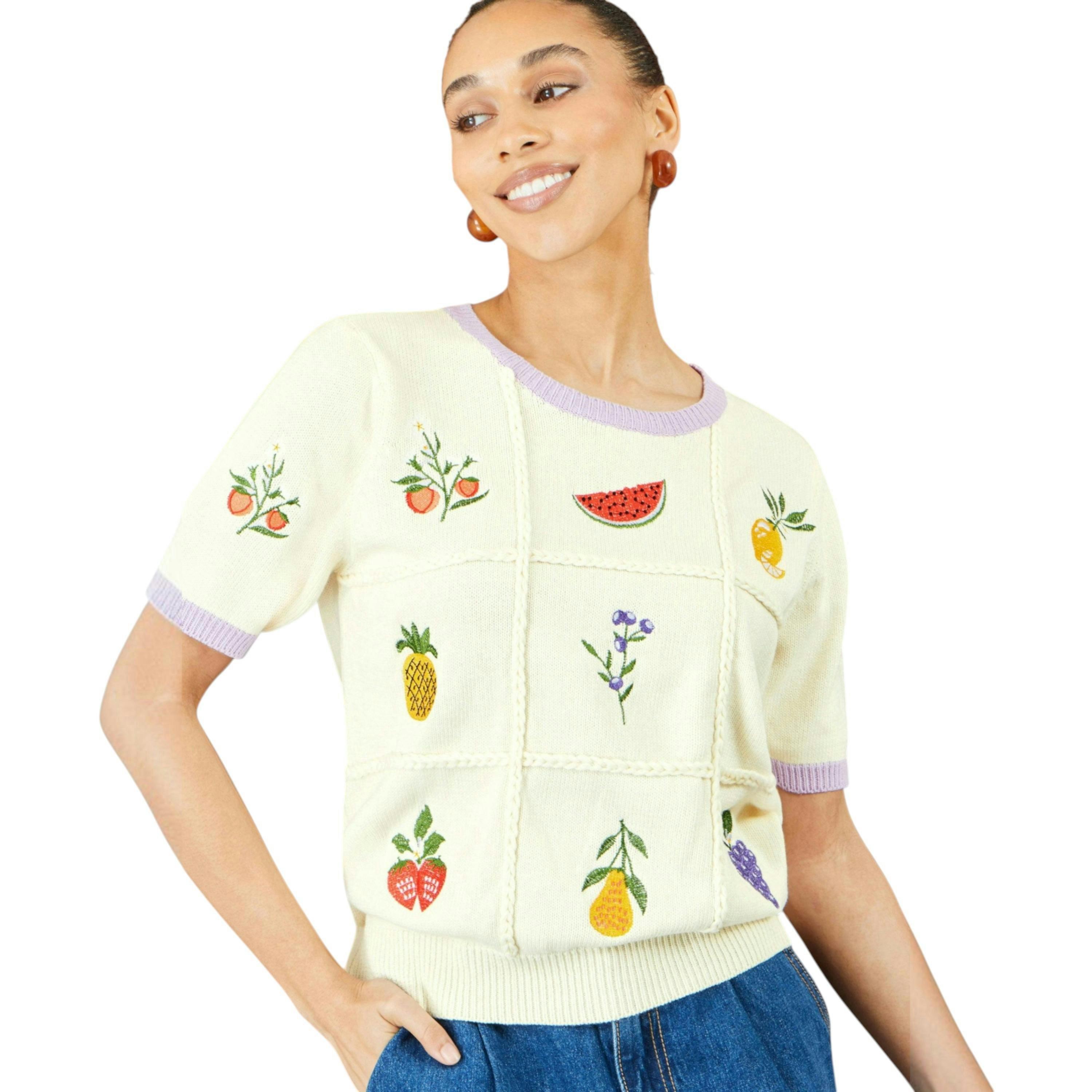 Yumi Ivory Fruit Cotton Knitted Top , view 1 of 6