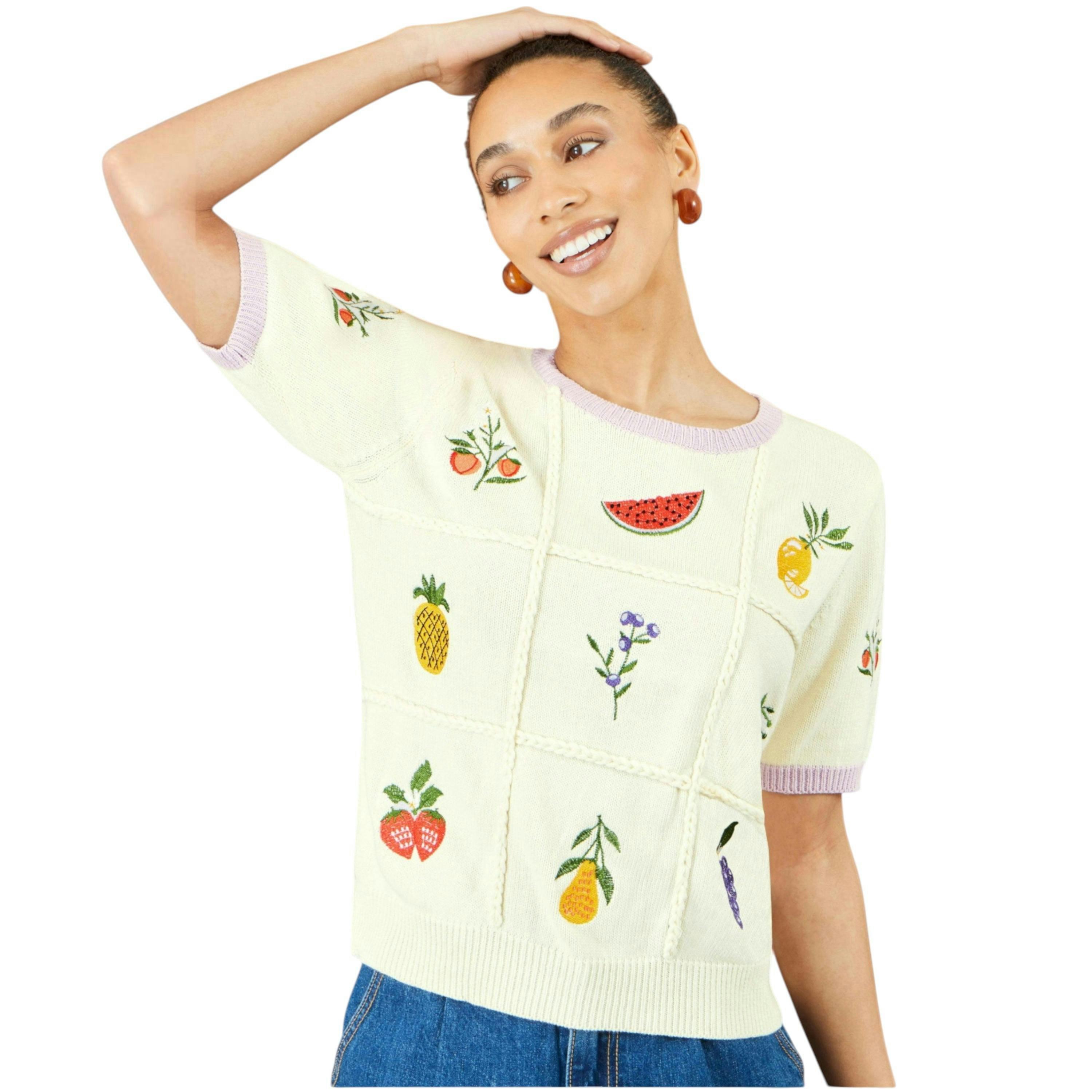 Yumi Ivory Fruit Cotton Knitted Top , view 3 of 6