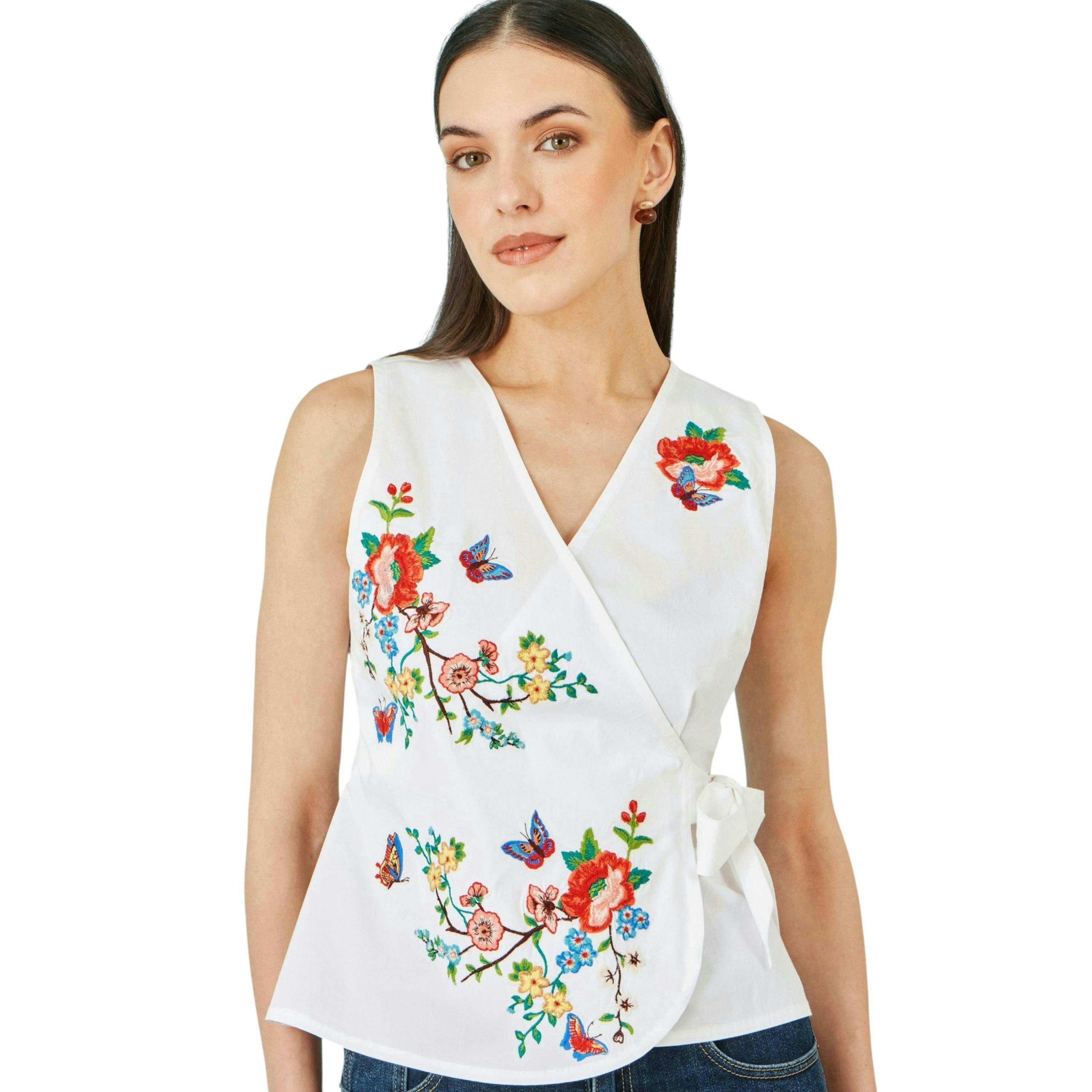 Yumi White Stretch Cotton Embroidered Wrap Top , view 1 of 6