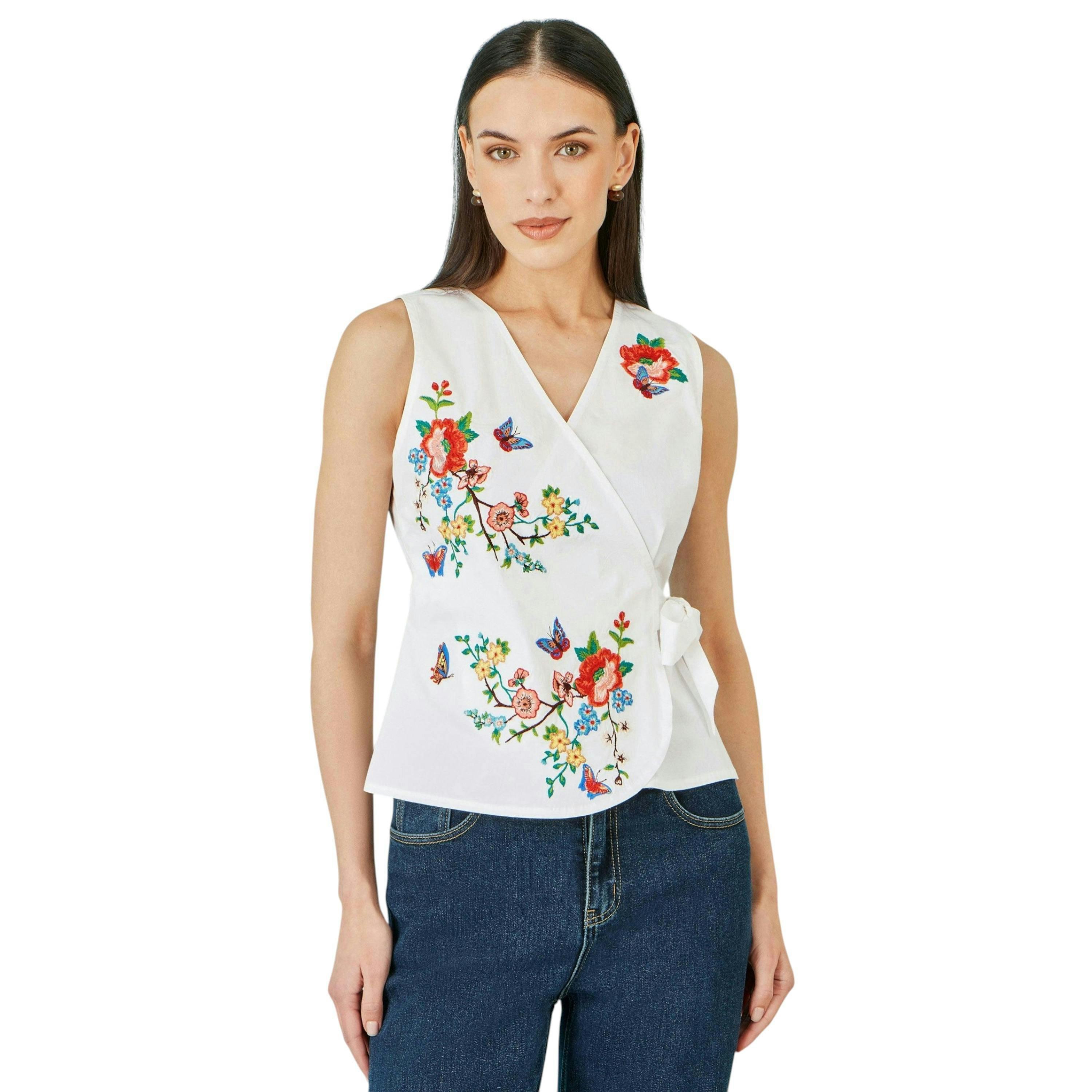 Yumi White Stretch Cotton Embroidered Wrap Top , view 2 of 6