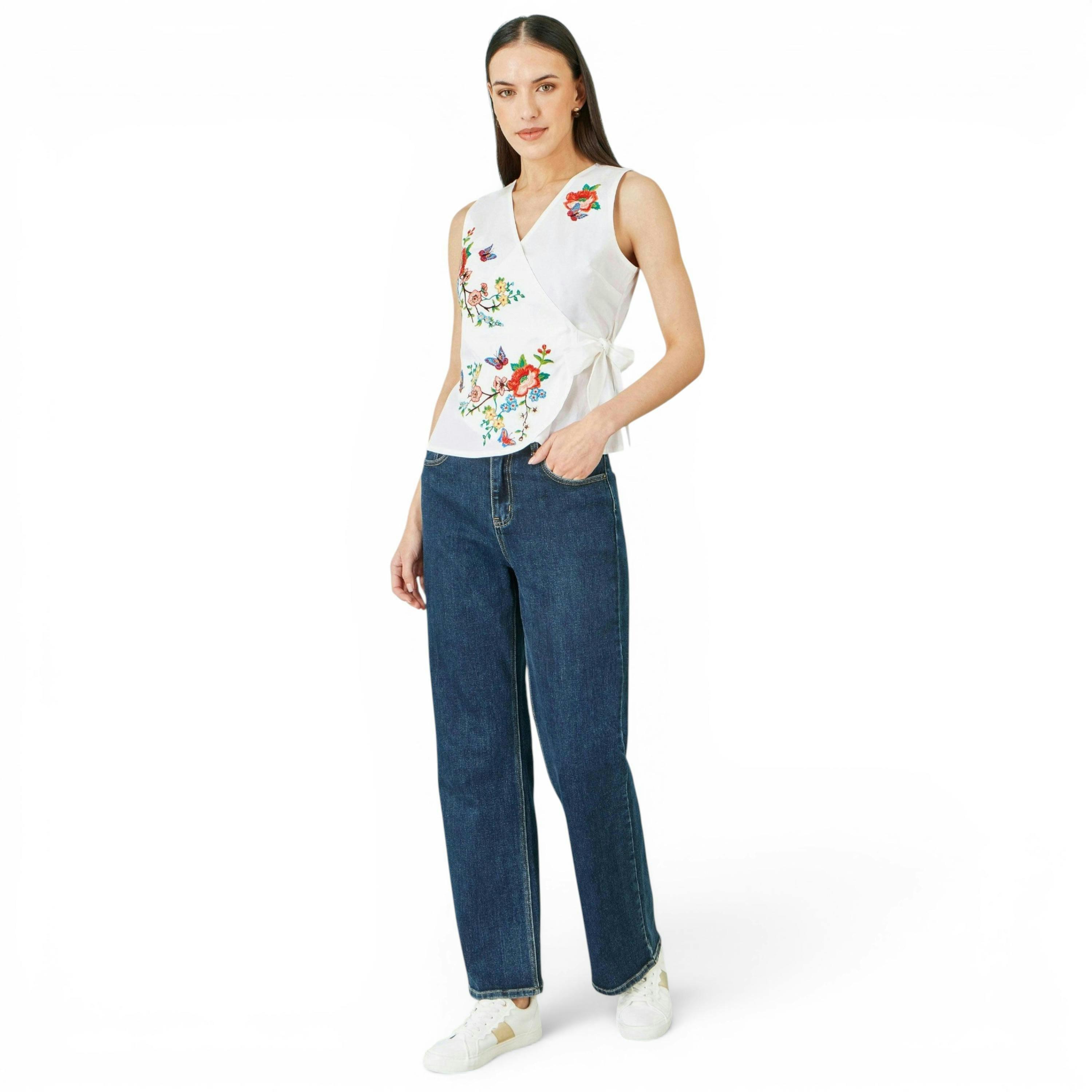 Yumi White Stretch Cotton Embroidered Wrap Top , view 3 of 6